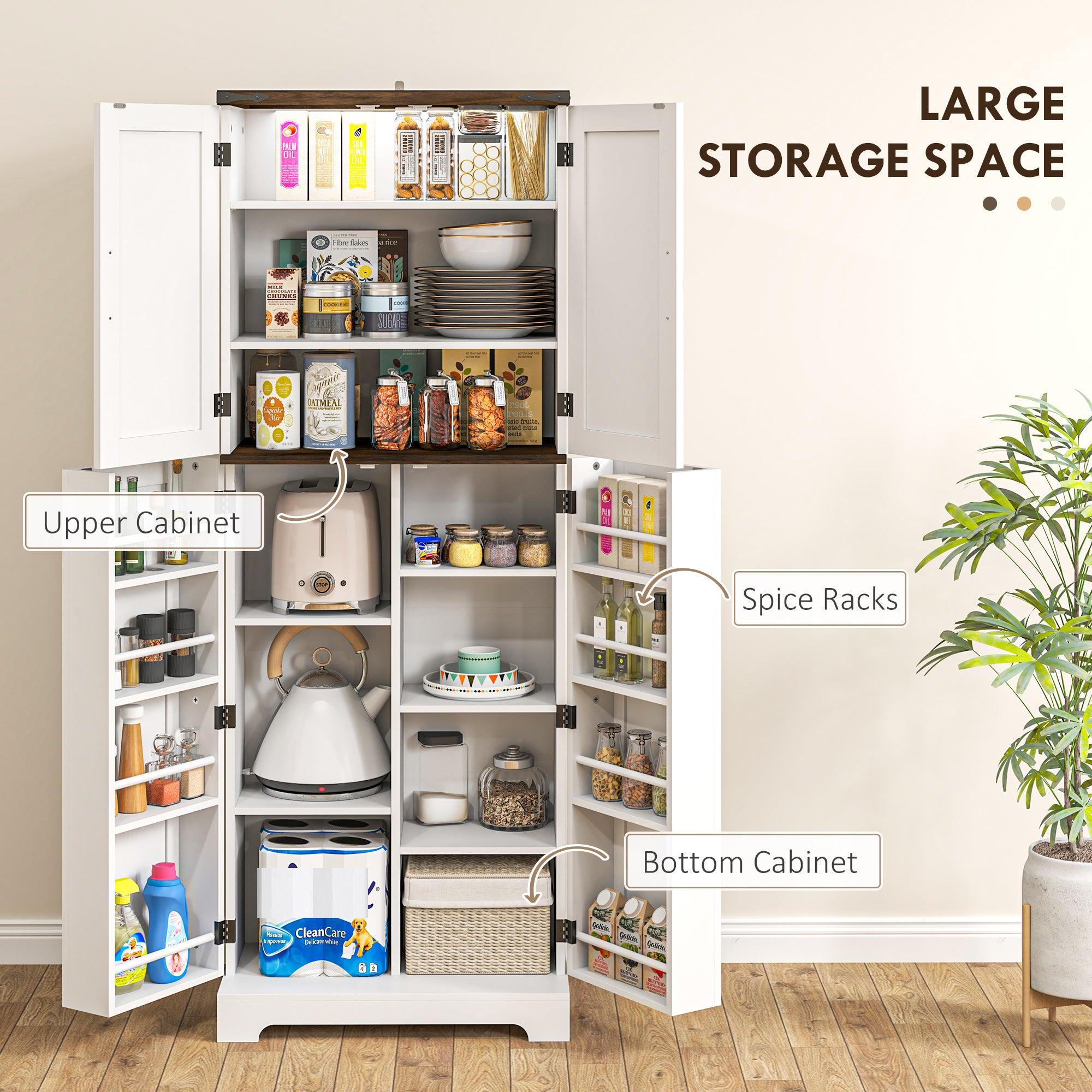 64" Kitchen Pantry Cabinet w/ Motion Sensor Light, Spice Racks & Adjustable Shelves, White