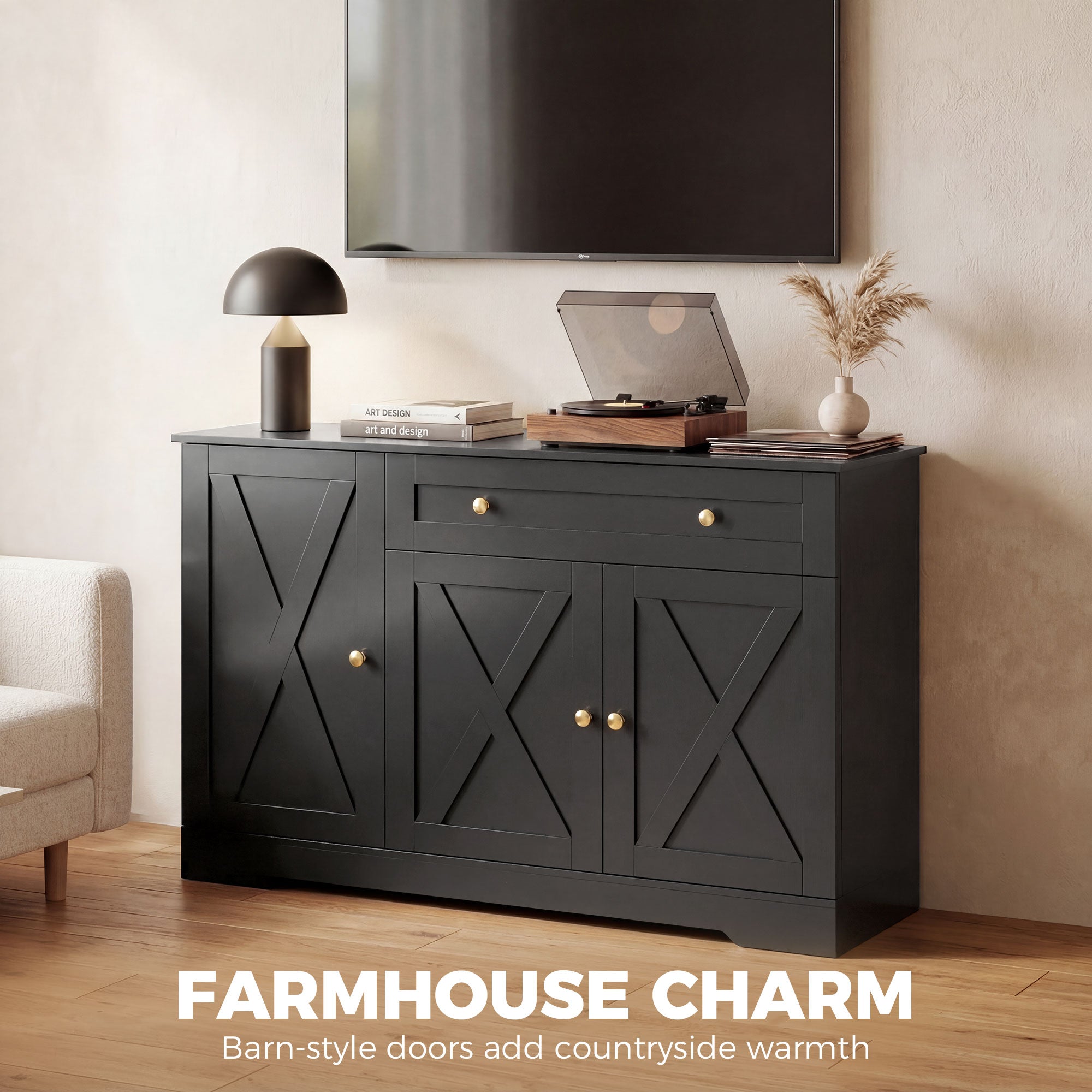 Farmhouse Sideboard Buffet Cabinet with Storage, 47" Coffee Bar Cabinet with 3 Door Shelves, Drawer, Adjustable Shelves and 3 Barn Doors, Black