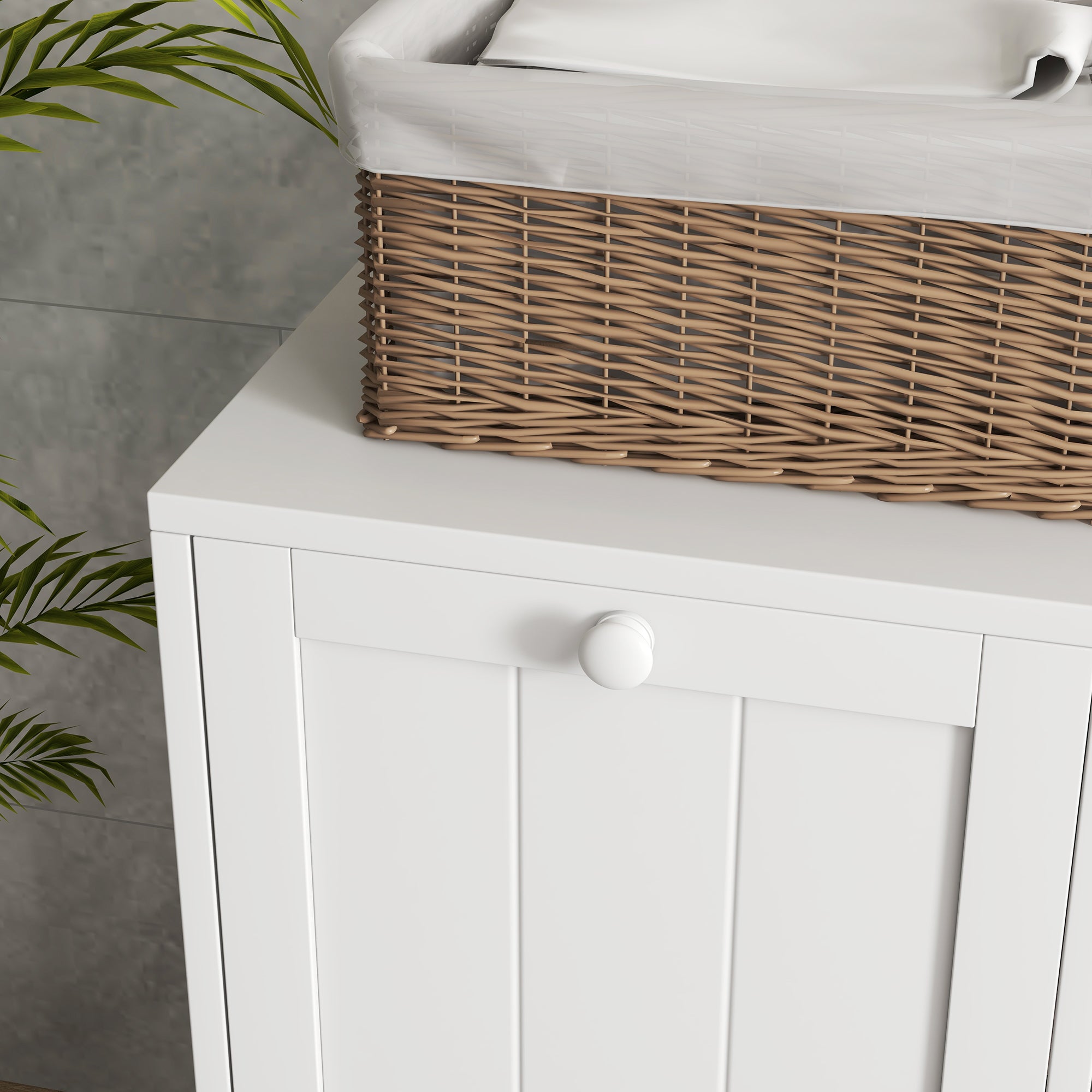 Tilt-out Laundry Storage Cabinet with 2 Compartment Hampers, White