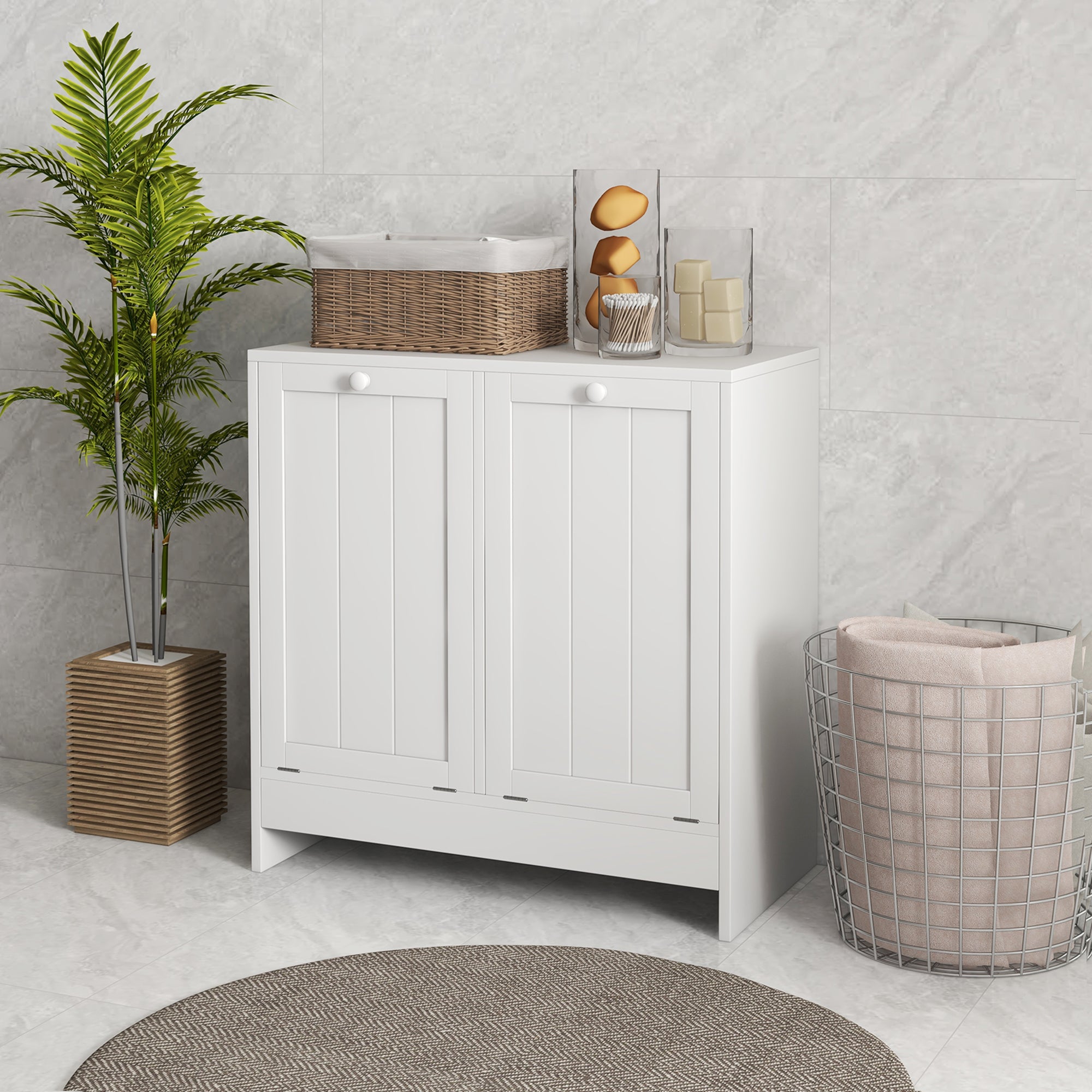 Tilt-out Laundry Storage Cabinet with 2 Compartment Hampers, White