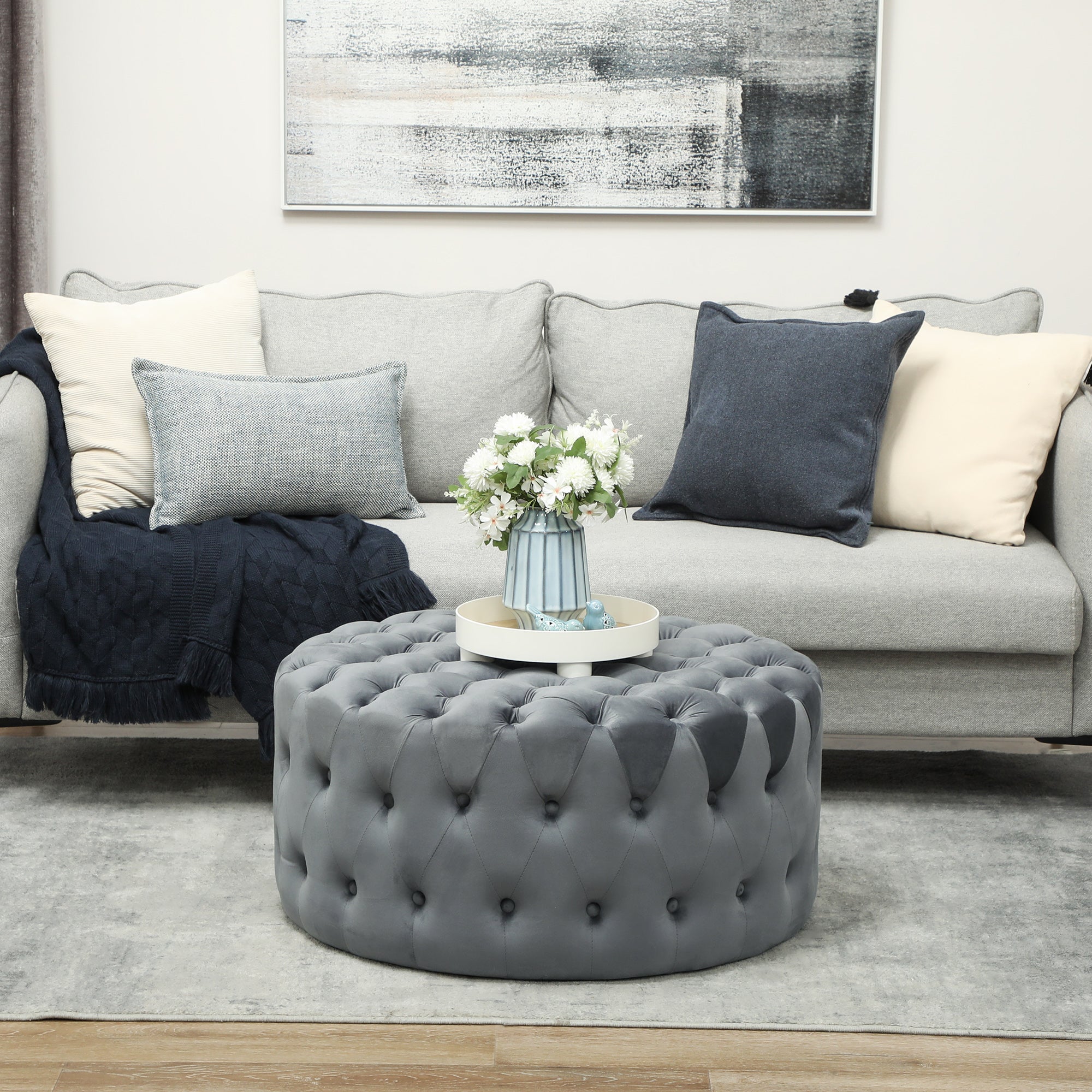 31.5" Round Ottoman, Large Velvet-Feel Upholstered Foot Stool with Button Tufted Design and Padded Seat for Living Room, Entryway, Dark Gray