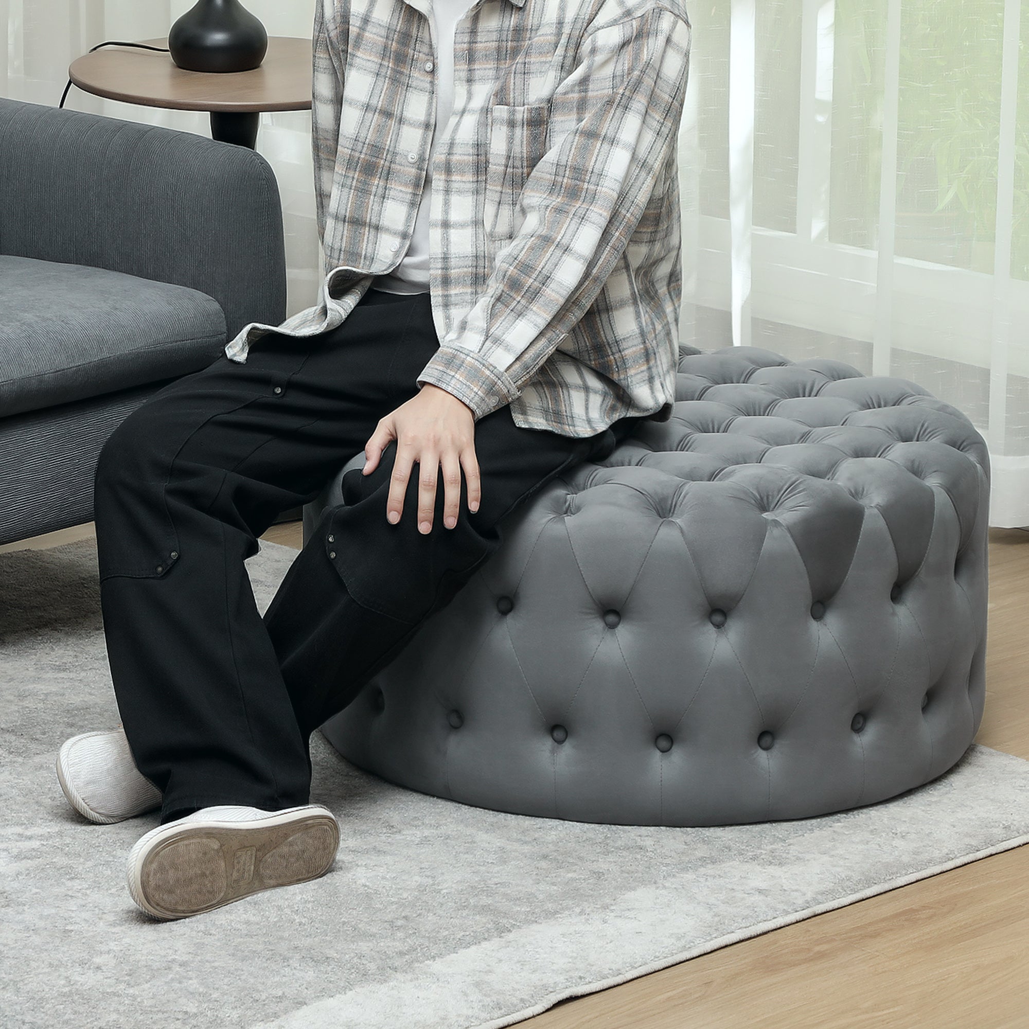 31.5" Round Ottoman, Large Velvet-Feel Upholstered Foot Stool with Button Tufted Design and Padded Seat for Living Room, Entryway, Dark Gray