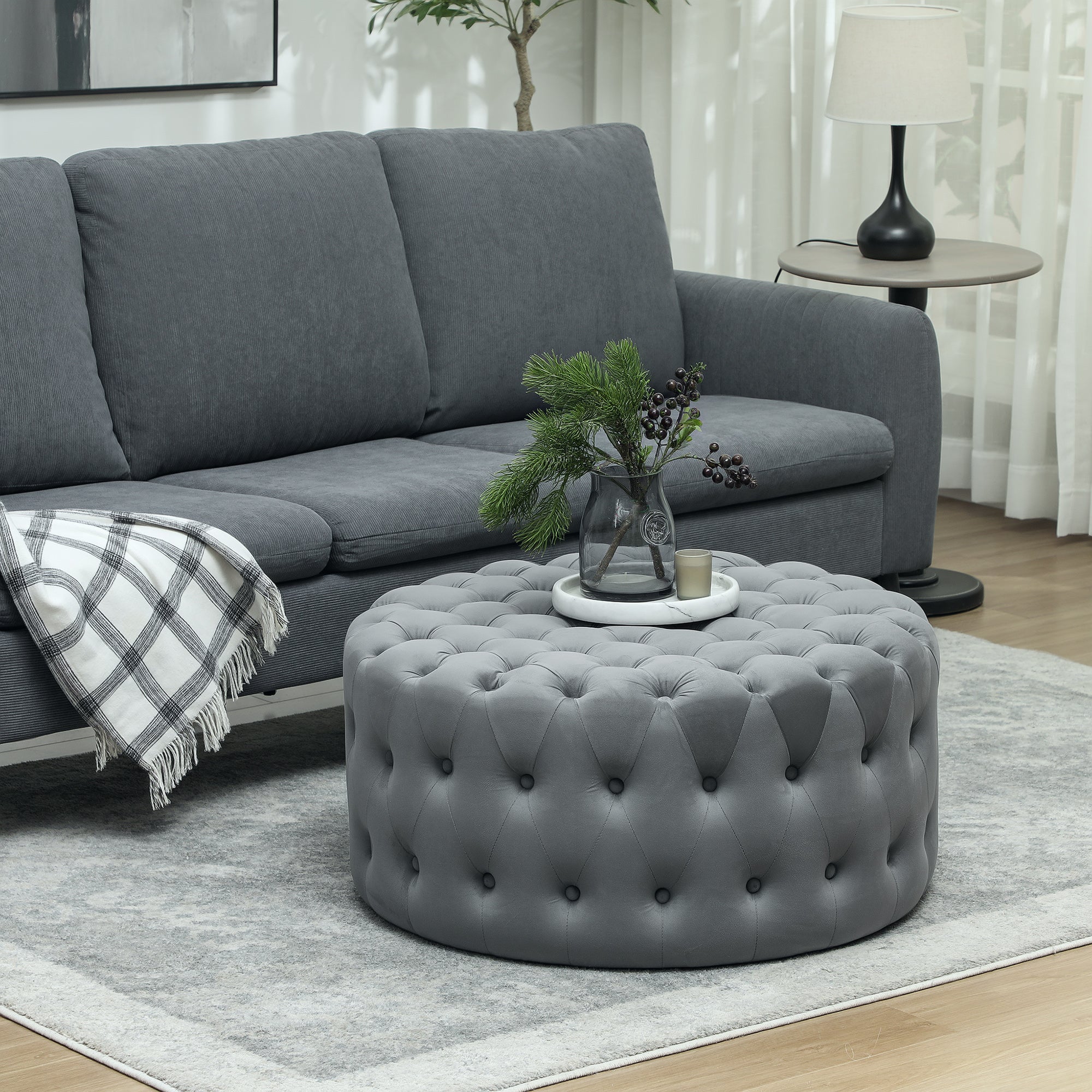 31.5" Round Ottoman, Large Velvet-Feel Upholstered Foot Stool with Button Tufted Design and Padded Seat for Living Room, Entryway, Dark Gray