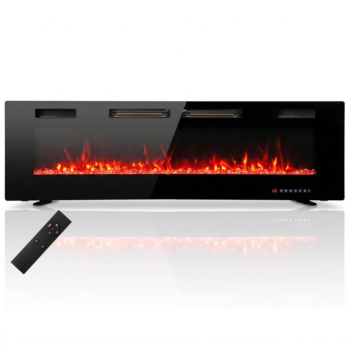 60\" Electric Fireplace Insert, Ultra-Thin Recessed, Wall Mounted and Freestanding Fireplace w/ Flame Effect, Adjustable Brightness, Crystal Stone, Remote, 750W/1500W, Black
