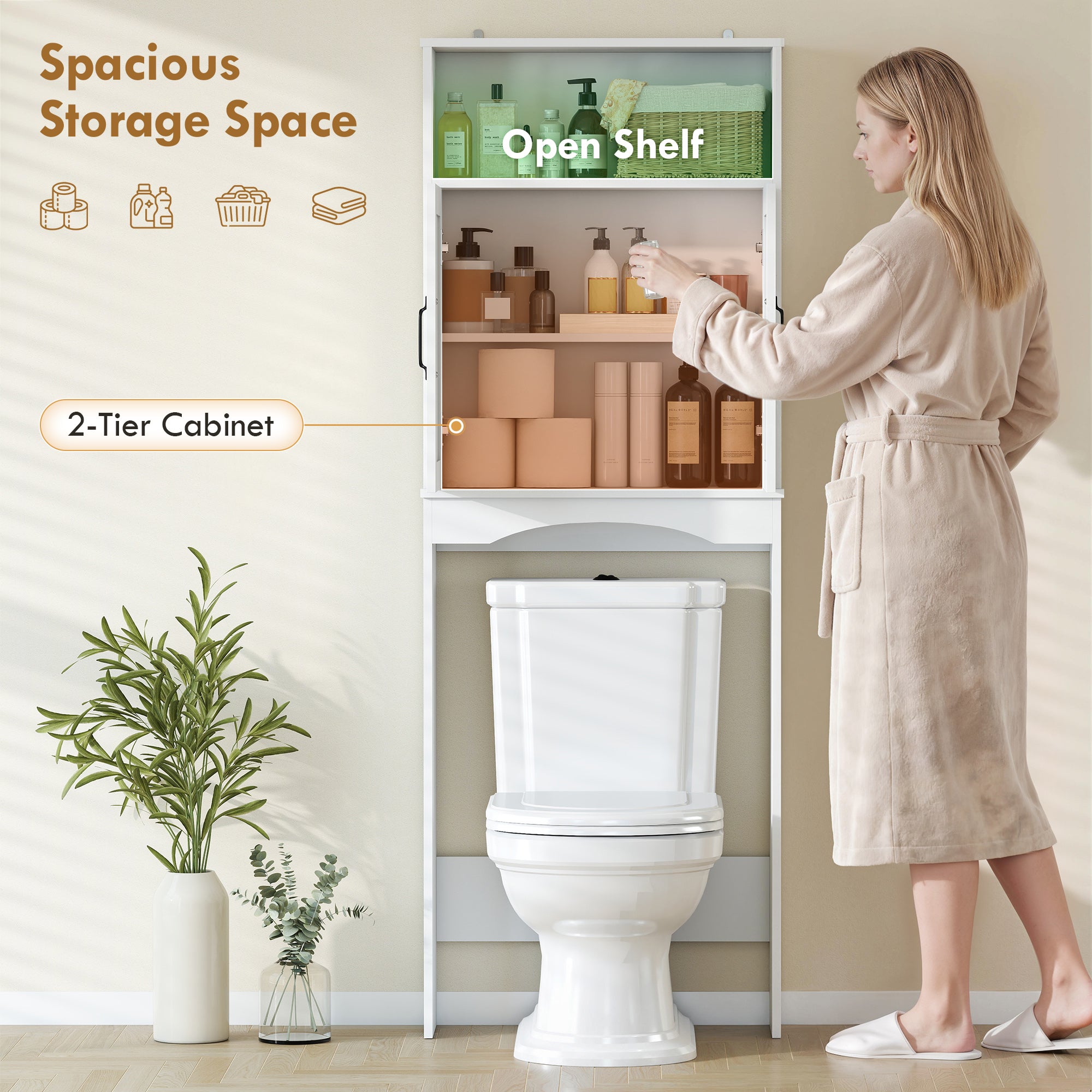 Over the Toilet Storage Cabinet, Over Toilet Bathroom Organizer with 2 Doors and Open Shelf, Freestanding Above Restroom Space Saver for Bathroom, Laundry, Restroom, White