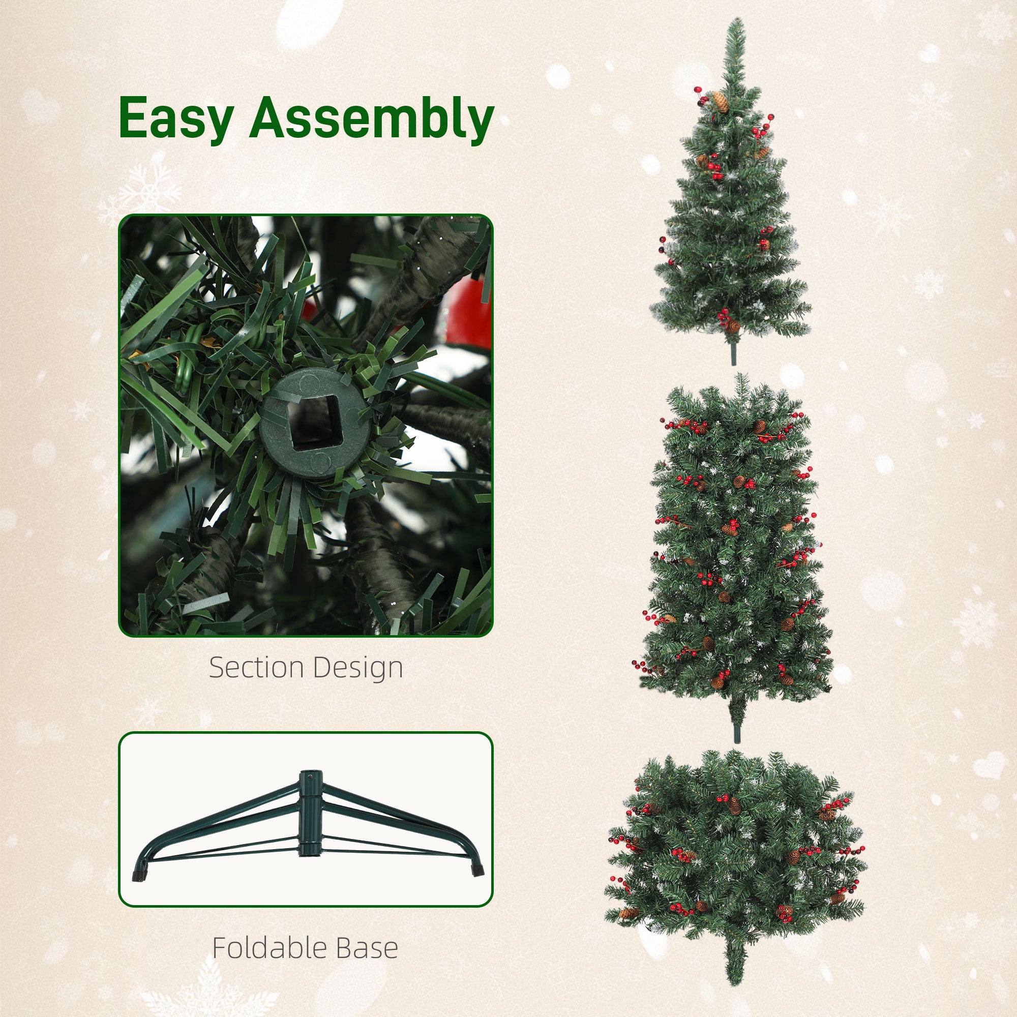 7 ft Prelit Pencil Christmas Tree with Warm White LEDs, Silver Glitter, Pine Cones, Berry Clusters, Dense Pointed Branches, 8 Light Modes, Slim Xmas Tree with Metal Stand