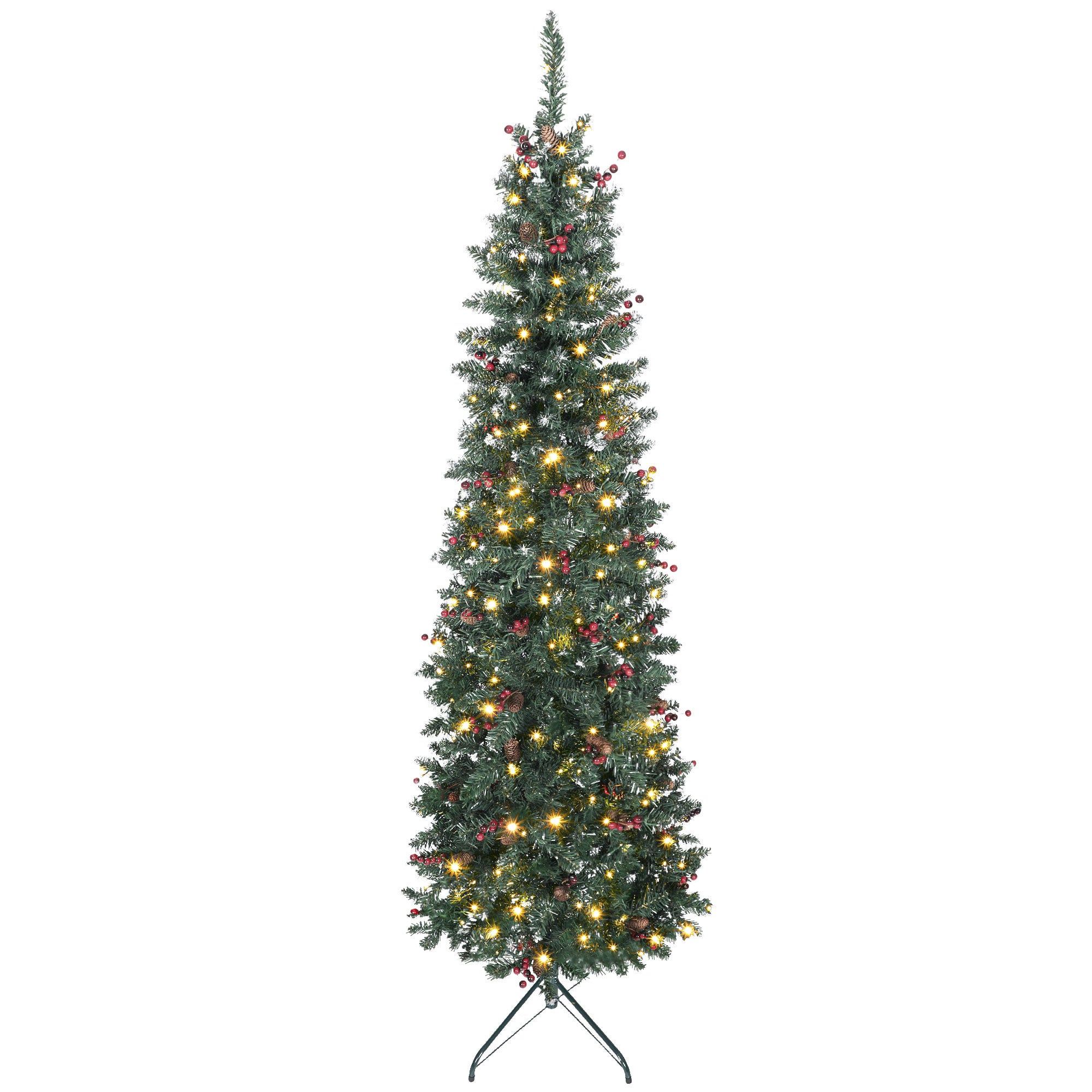 7 ft Prelit Pencil Christmas Tree with Warm White LEDs, Silver Glitter, Pine Cones, Berry Clusters, Dense Pointed Branches, 8 Light Modes, Slim Xmas Tree with Metal Stand
