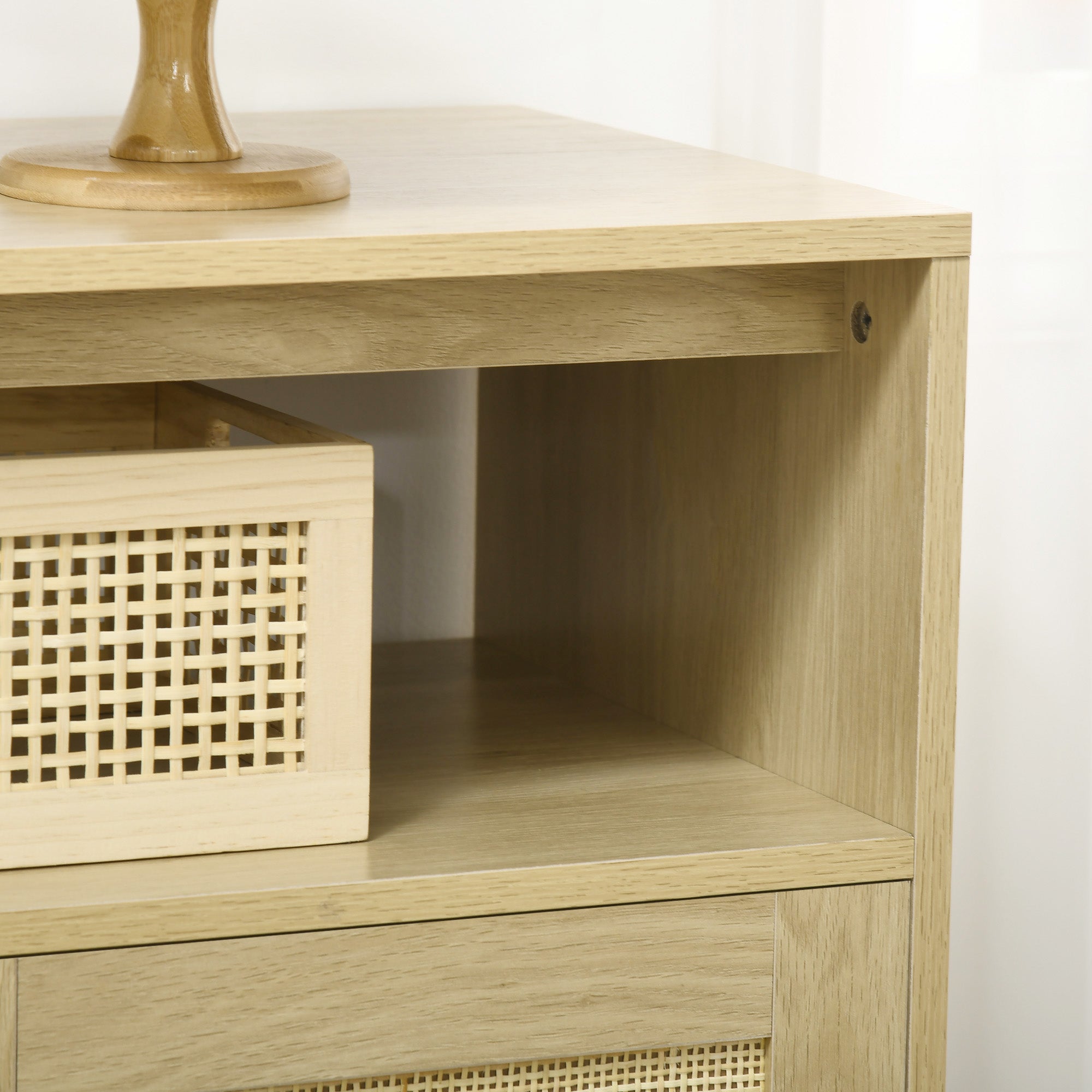 HOMCOM Buffet Cabinet, Accent Storage Cabinet, Boho Style Sideboard with 3 Rattan Doors, Adjustable Interior Shelves, Wood Legs, Nature Wood