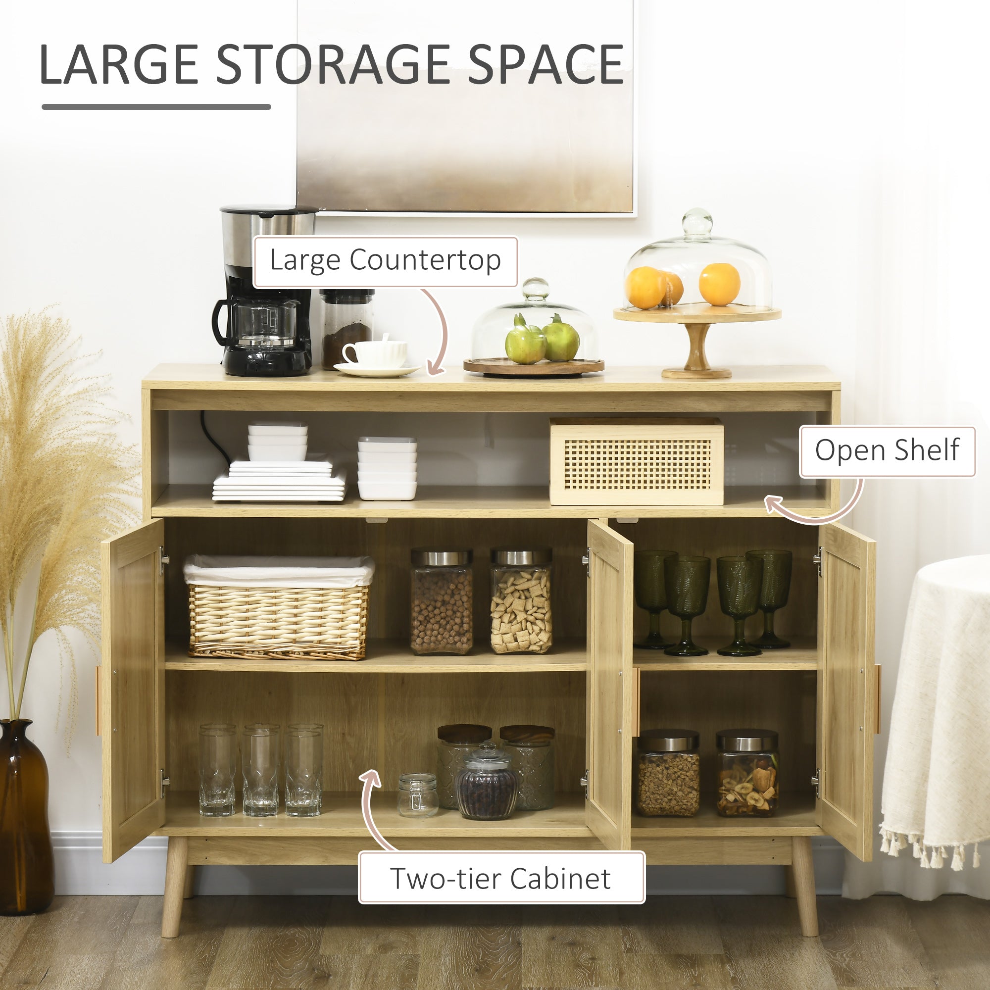 Solace Rattan Sideboard Buffet Cabinet with Open Shelf, Natural