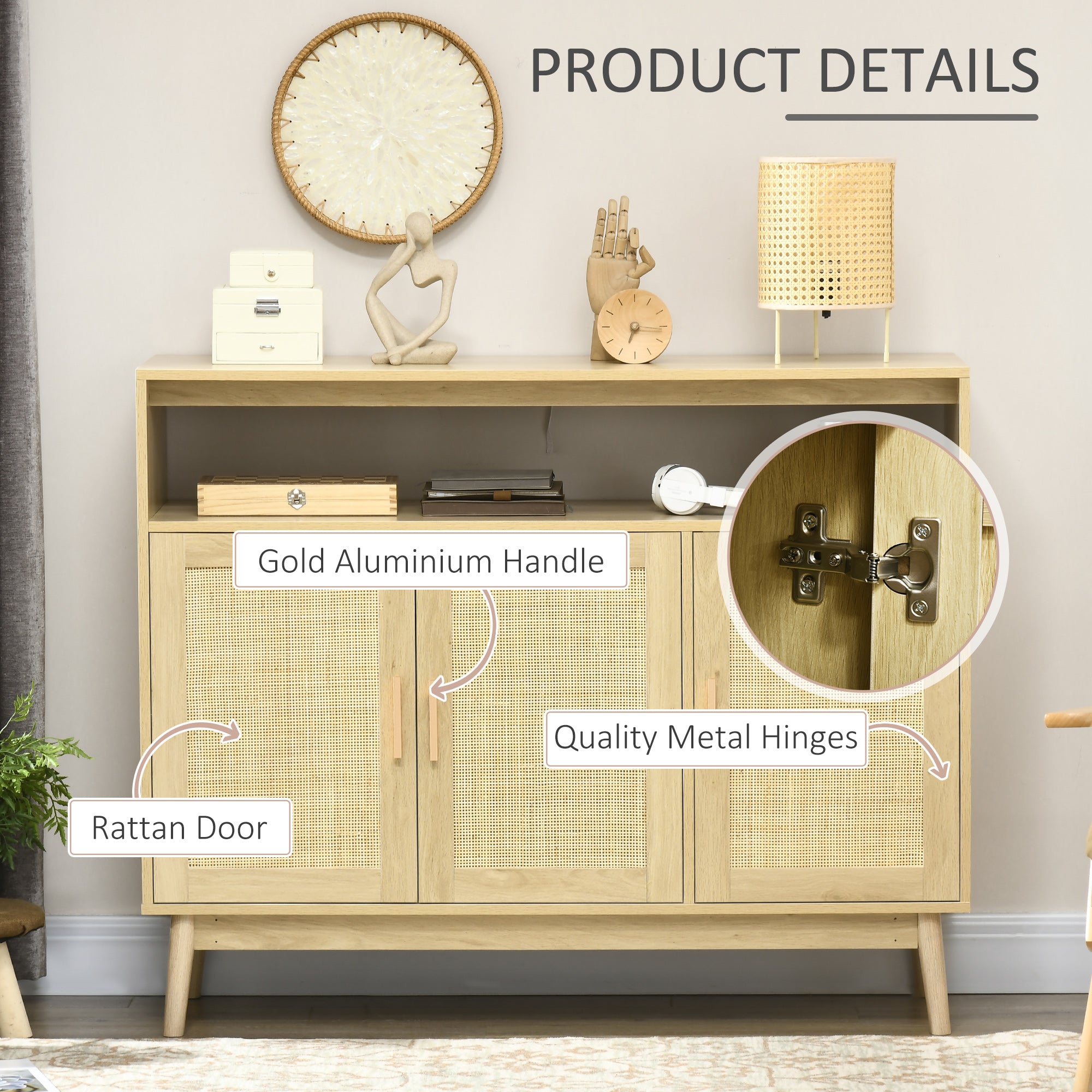 HOMCOM Buffet Cabinet, Accent Storage Cabinet, Boho Style Sideboard with 3 Rattan Doors, Adjustable Interior Shelves, Wood Legs, Nature Wood