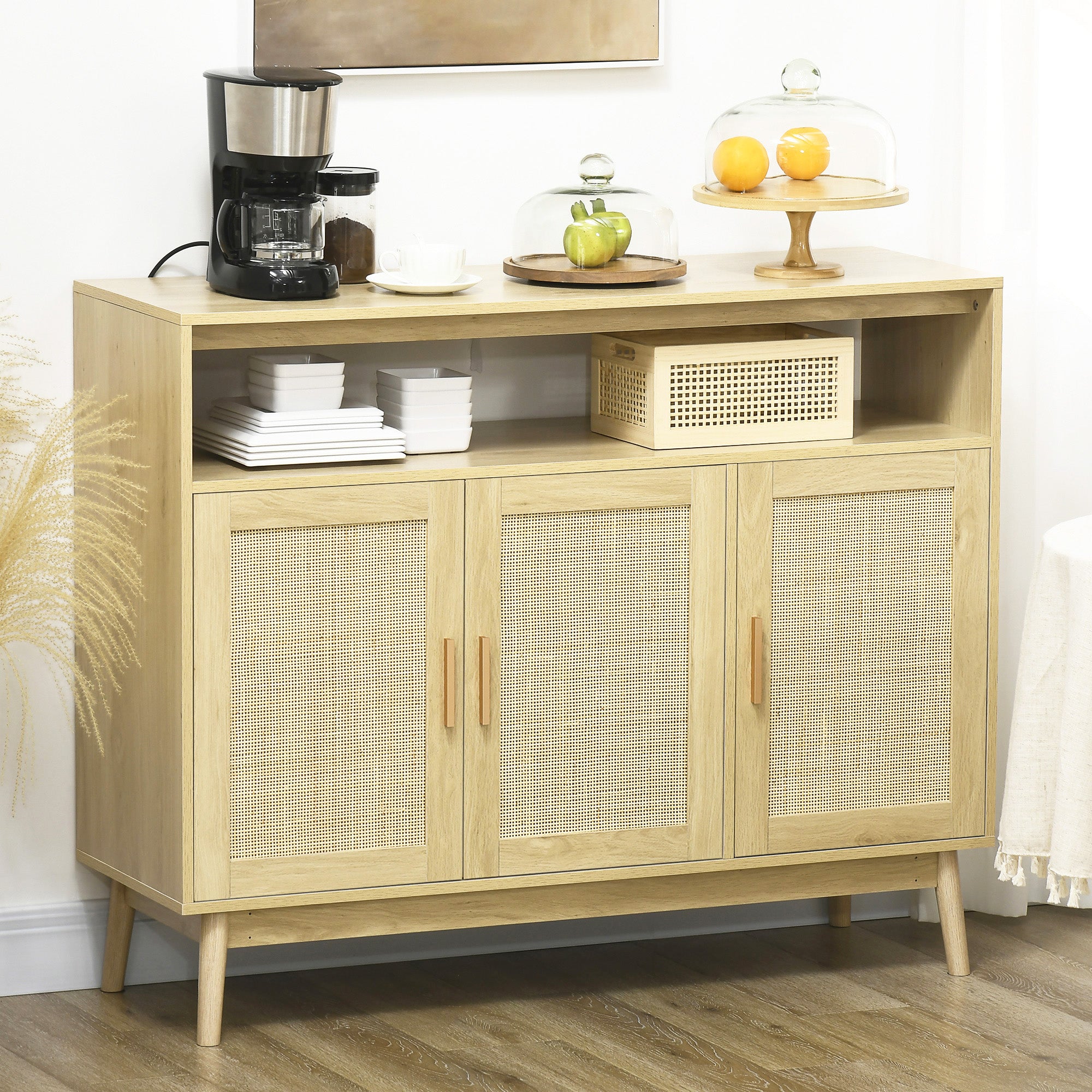 Solace Rattan Sideboard Buffet Cabinet with Open Shelf, Natural