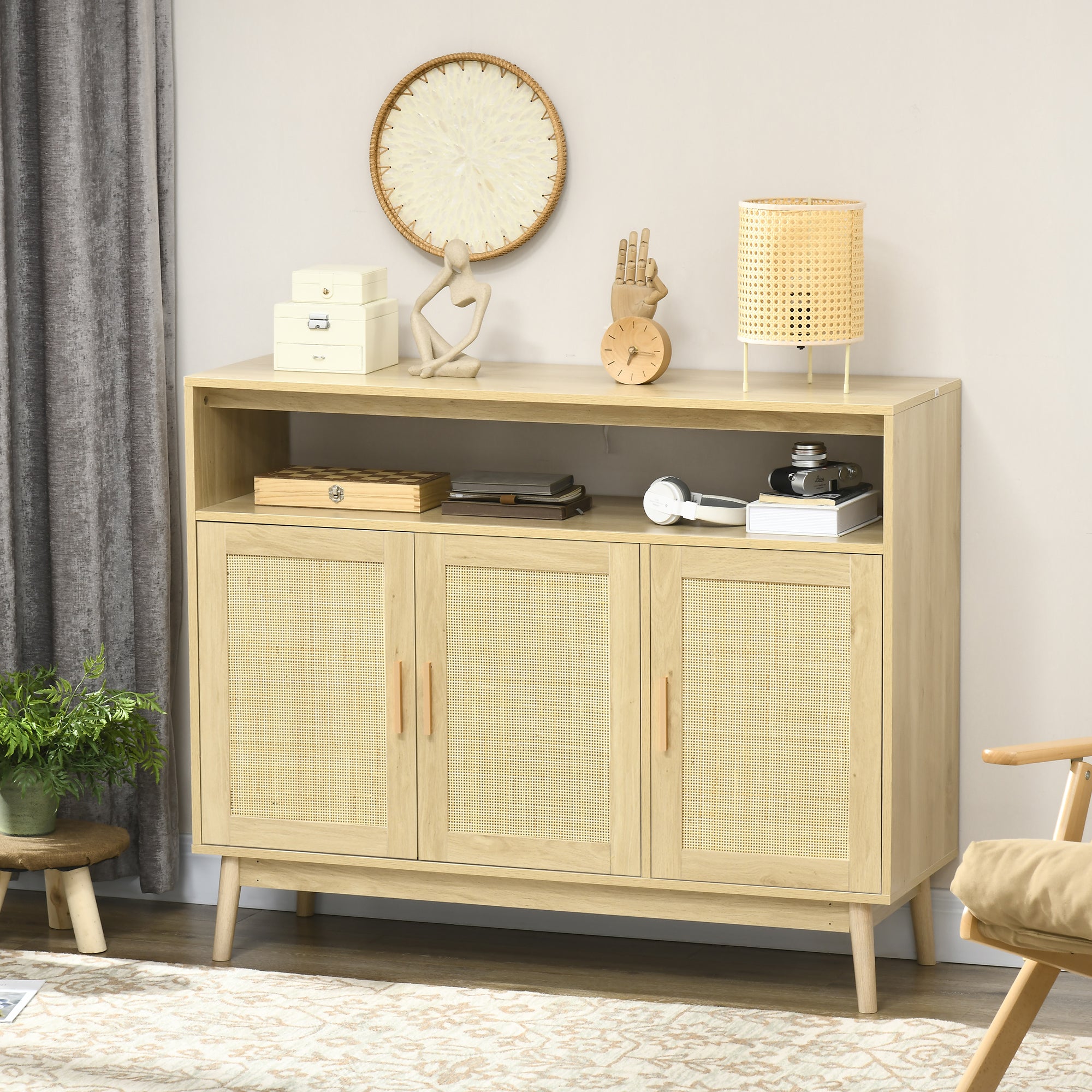 Solace Rattan Sideboard Buffet Cabinet with Open Shelf, Natural