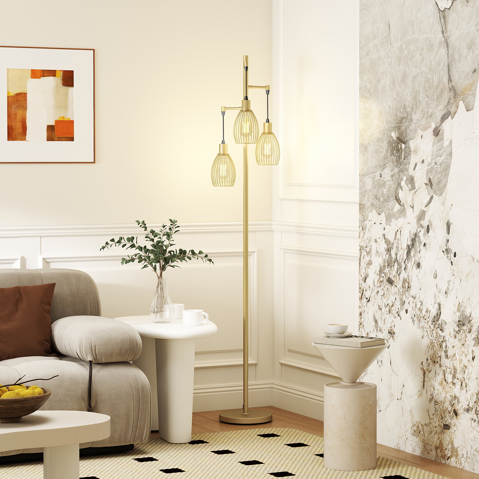3-Light LED Floor Lamp, 170cm Industrial Dimmable Standing Lamp with Steel Wire Cage Lampshades, 2700K for Living Room, Bedroom, Dining Room, Study, Gold Tone