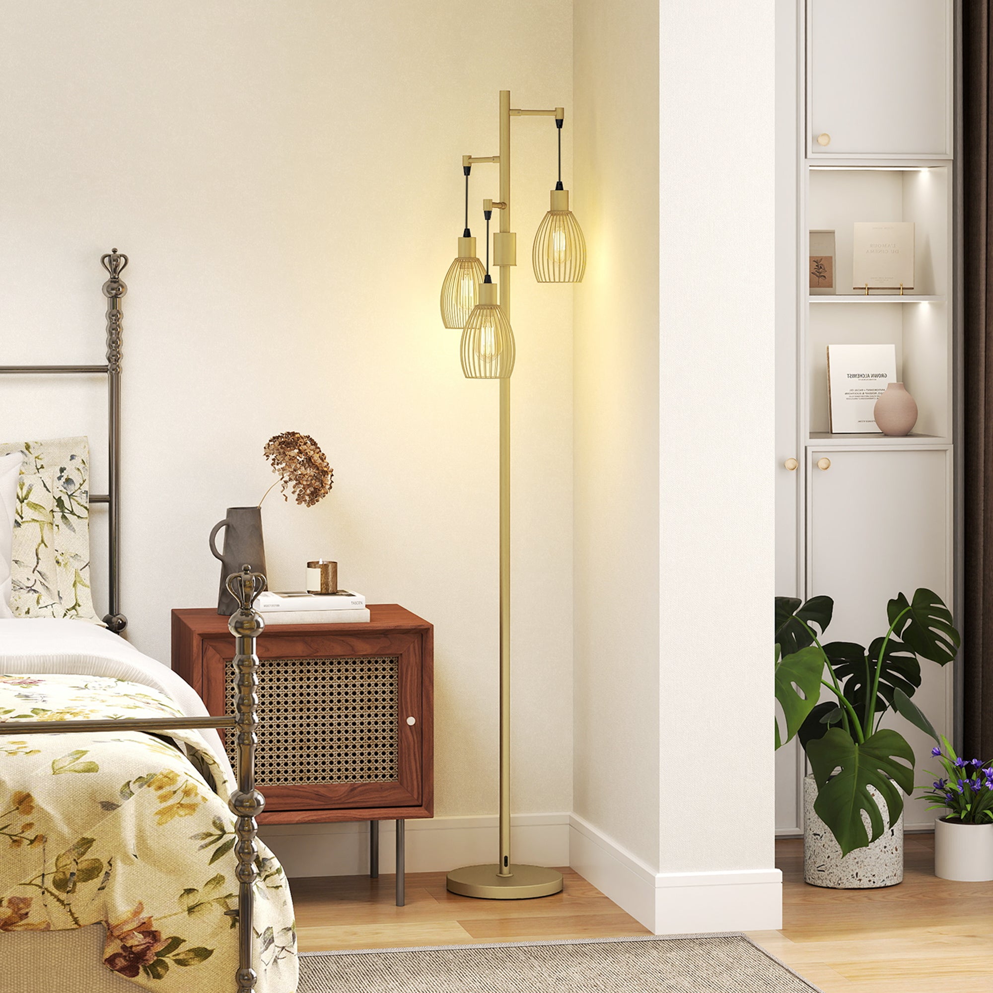 3-Light LED Floor Lamp, 170cm Industrial Dimmable Standing Lamp with Steel Wire Cage Lampshades, 2700K for Living Room, Bedroom, Dining Room, Study, Gold Tone