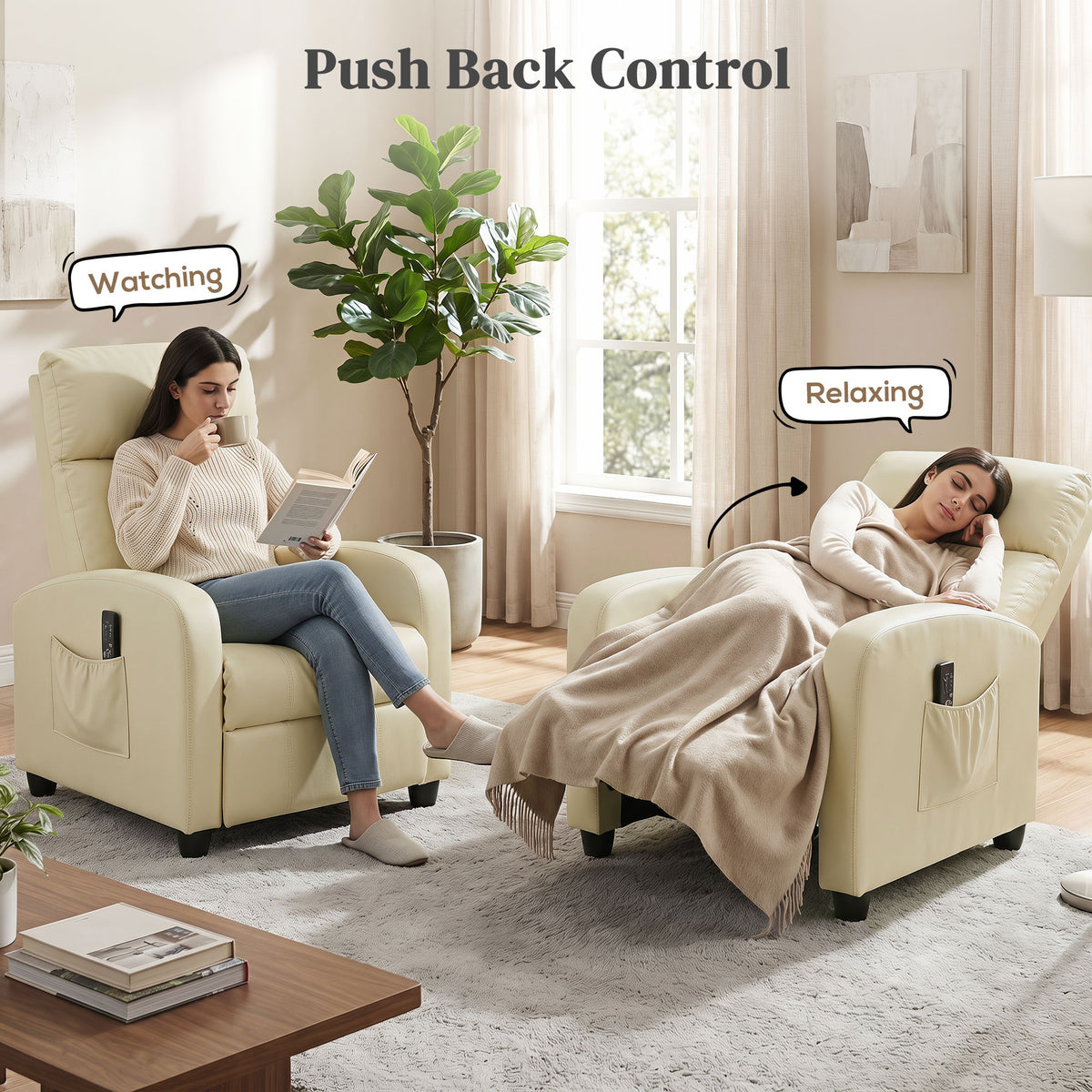 Recliner Armchair, Massage Faux Leather Push Back Reclining Chair with Adjustable Leg Rest, Side Pocket, for Home Living Room Theatre, Cream White