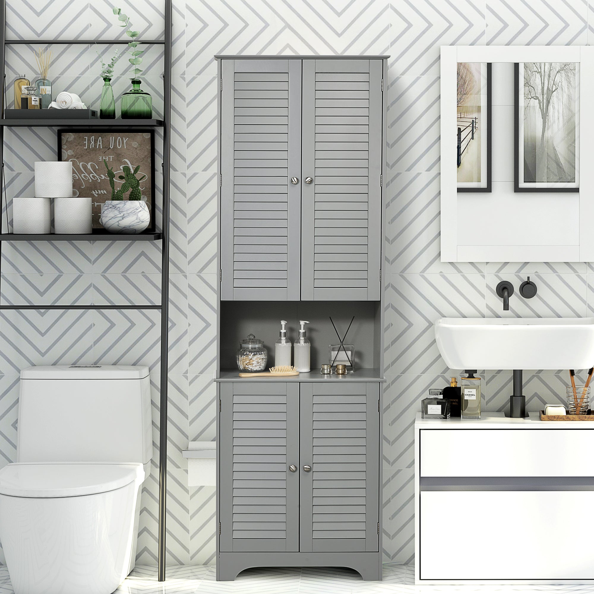 Tall Narrow Bathroom Storage Cabinet with Doors and Shelf Adjustability Gray