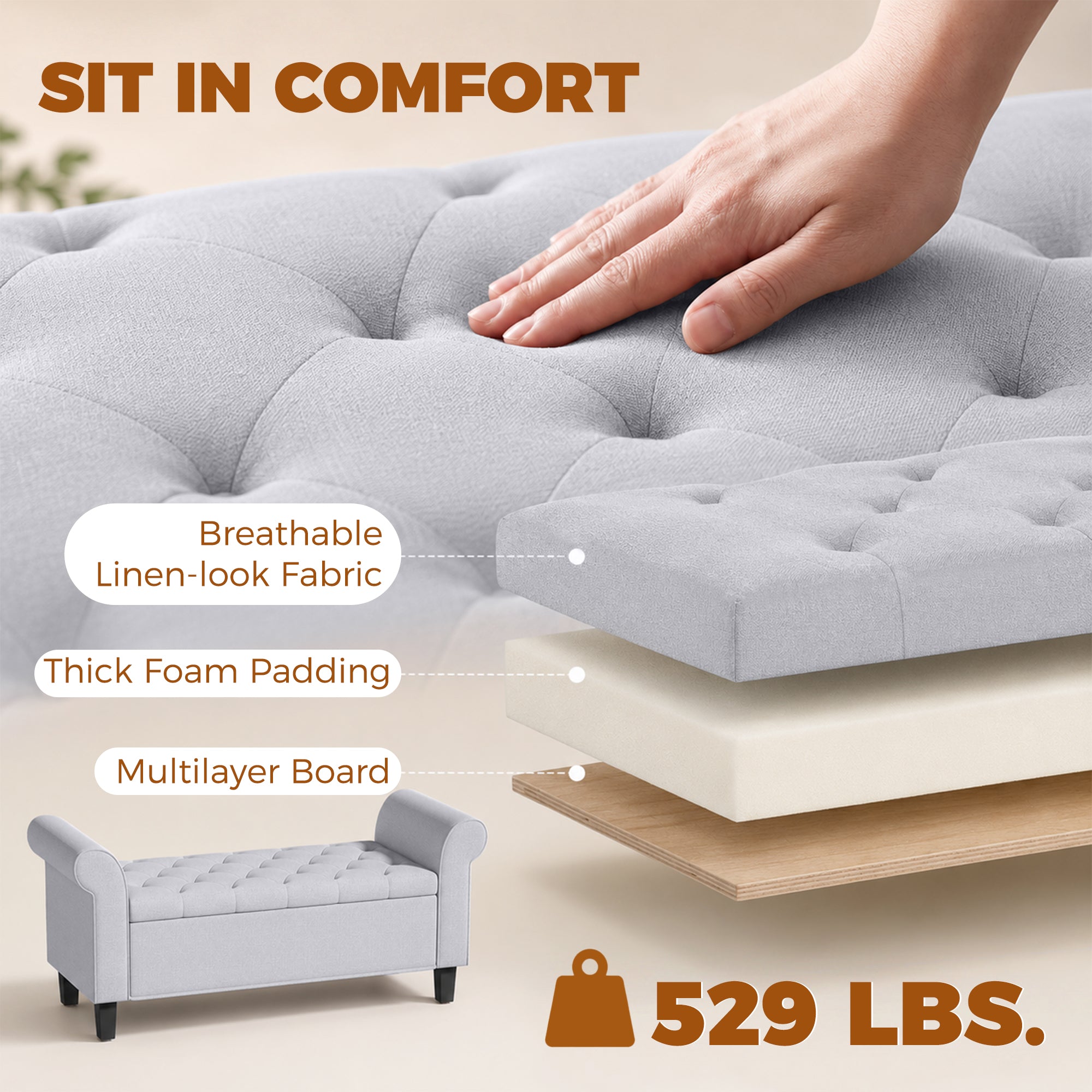 47" Storage Ottoman Bench, Tufted Long Ottoman with Storage Chest, Rolled Arms, Safety Hinge, Wooden Legs, Upholstered End of Bed Bench, 528 lbs for Bedroom, Entryway, Living Room, Light Gray