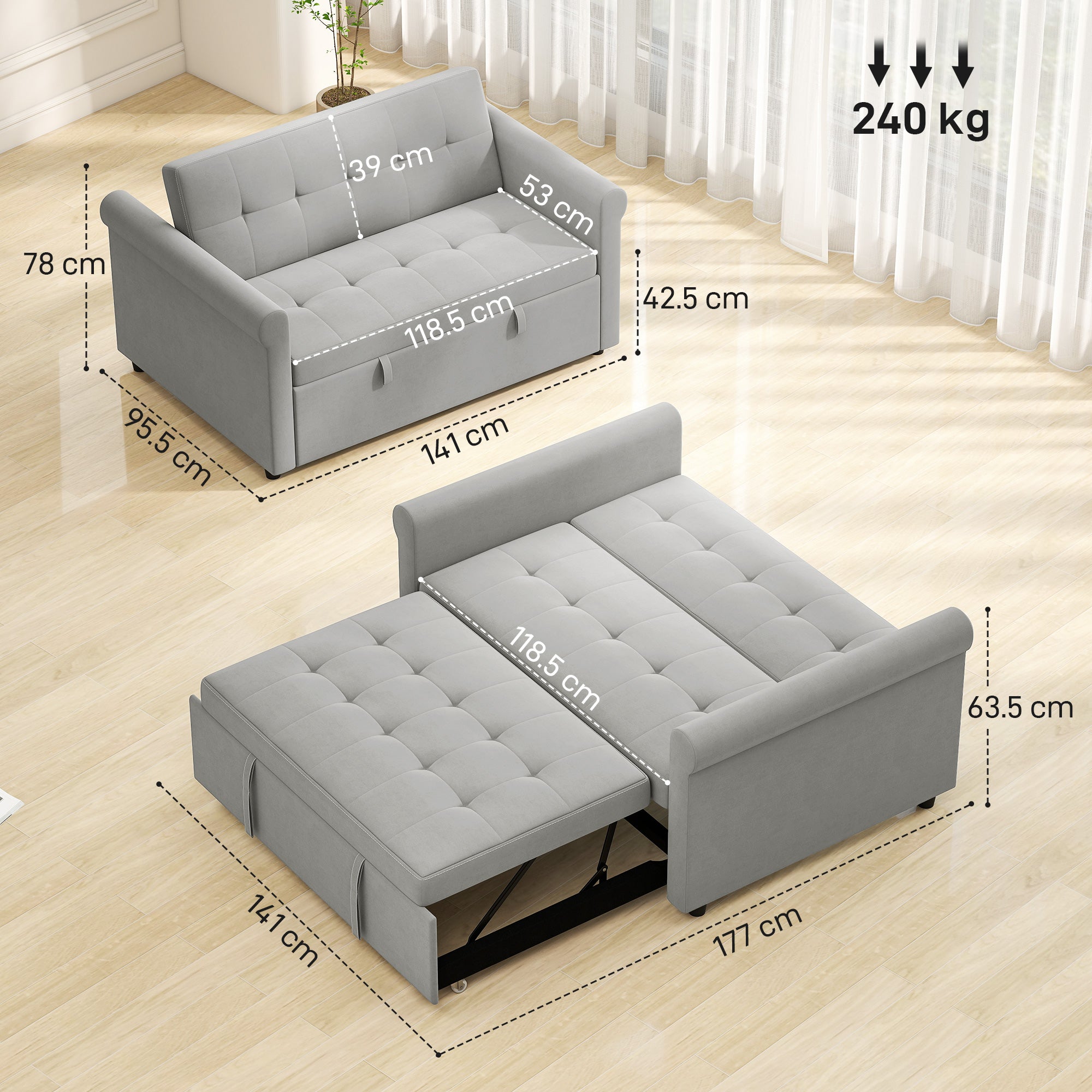 2 Seater Sofa Bed with 7-Position Adjustable Backrest, Convertible Pull Out Sleeper Sofa, Mid-Century Modern Fabric Bed Settee for Living Room, Guest Room, Grey