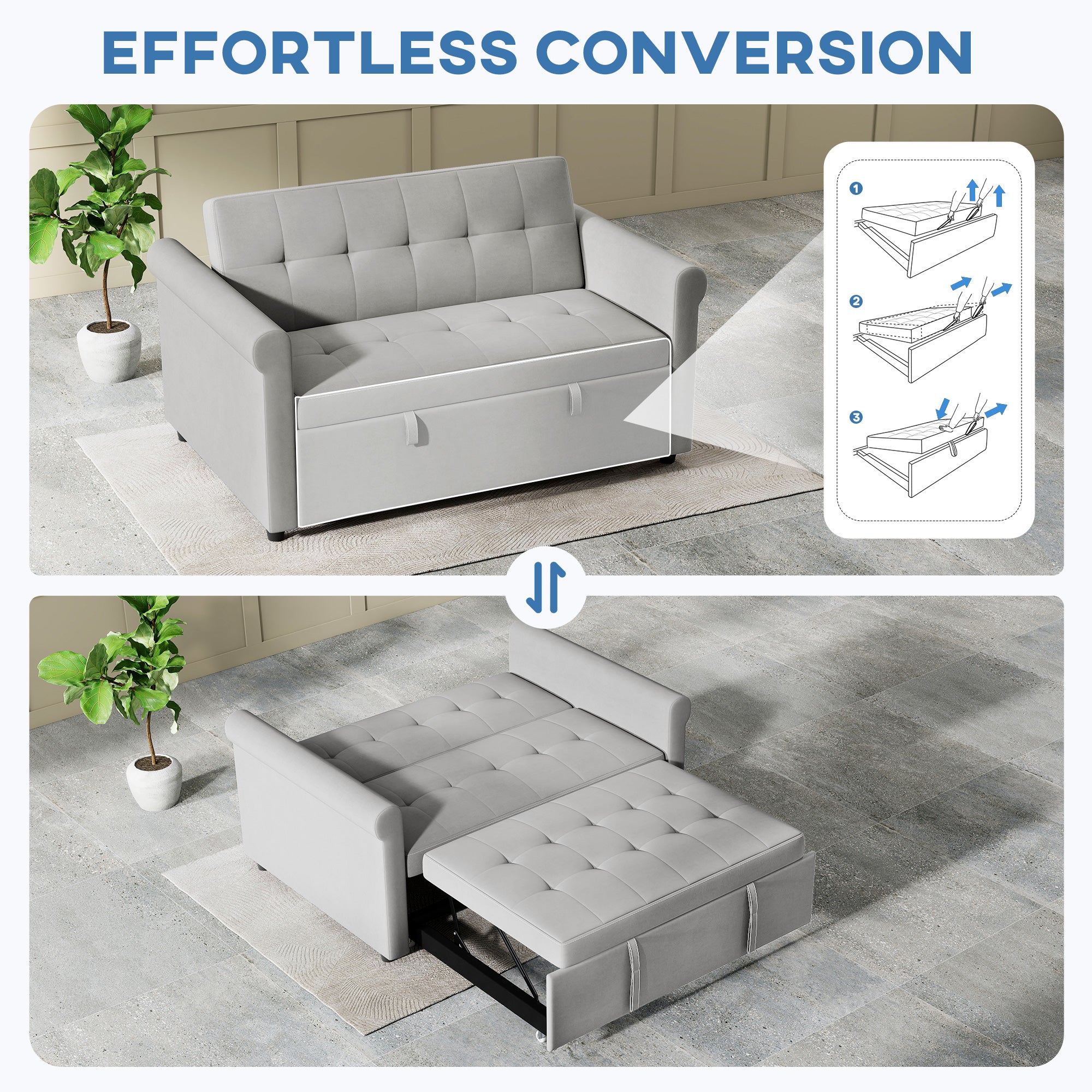 2 Seater Sofa Bed with 7-Position Adjustable Backrest, Convertible Pull Out Sleeper Sofa, Mid-Century Modern Fabric Bed Settee for Living Room, Guest Room, Grey
