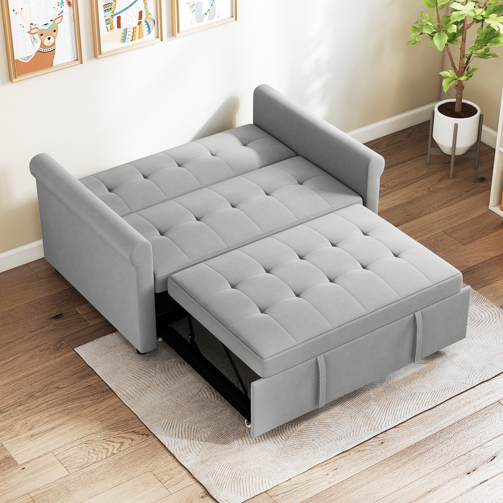 2 Seater Sofa Bed with 7-Position Adjustable Backrest, Convertible Pull Out Sleeper Sofa, Mid-Century Modern Fabric Bed Settee for Living Room, Guest Room, Grey