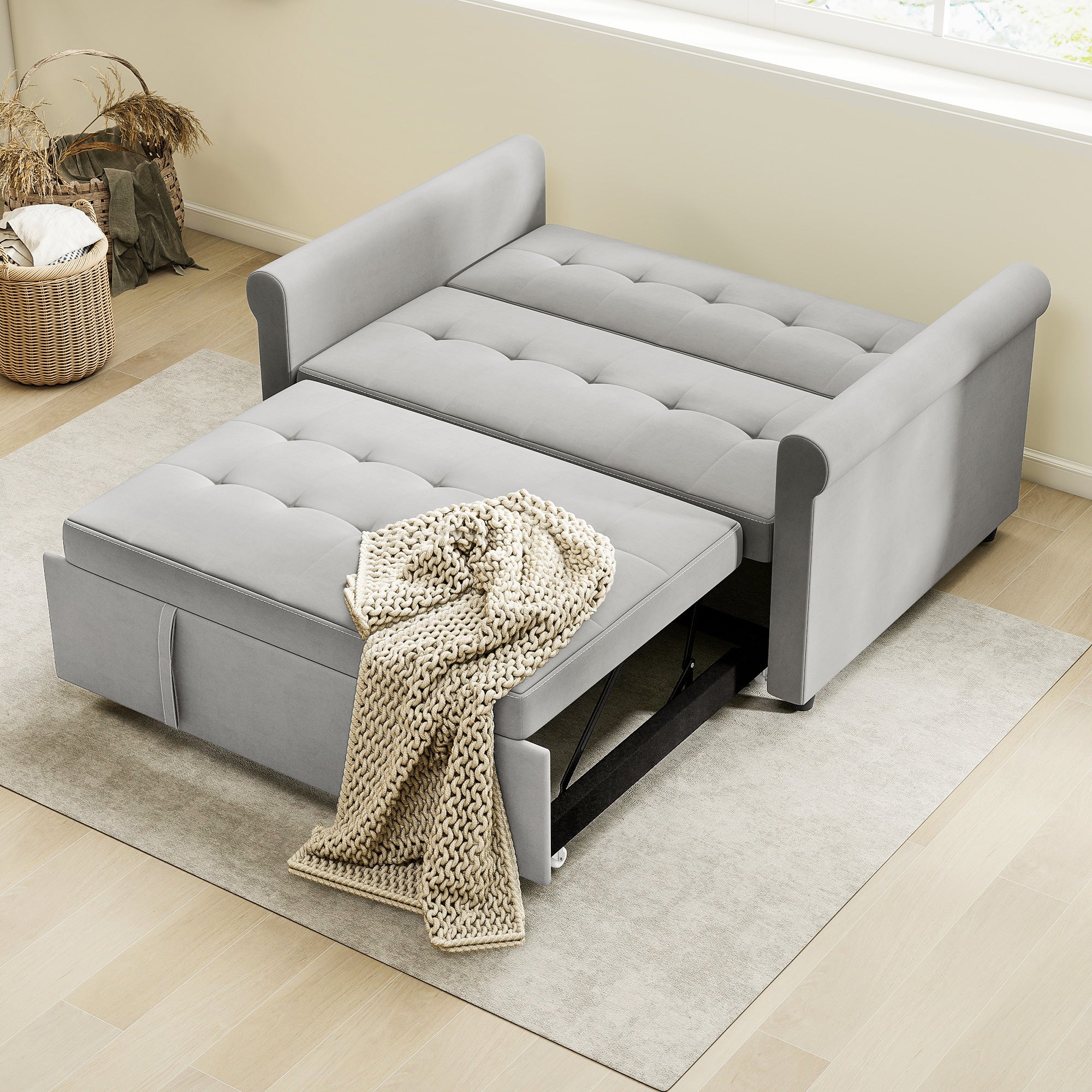 2 Seater Sofa Bed with 7-Position Adjustable Backrest, Convertible Pull Out Sleeper Sofa, Mid-Century Modern Fabric Bed Settee for Living Room, Guest Room, Grey