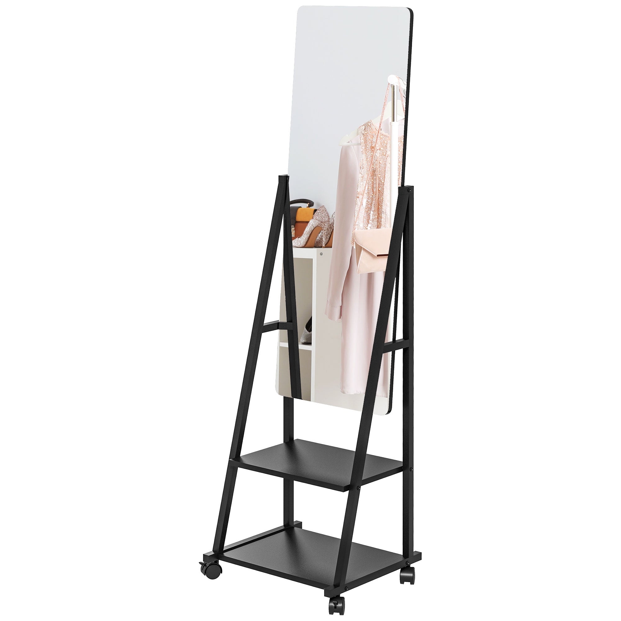 HOMCOM Free Standing Full Length Mirror, Rolling Full Body Mirror with Adjustable Angle, 2 Storage Shelves and 4 Wheels for Bedroom, Living Room, Hallway, Black