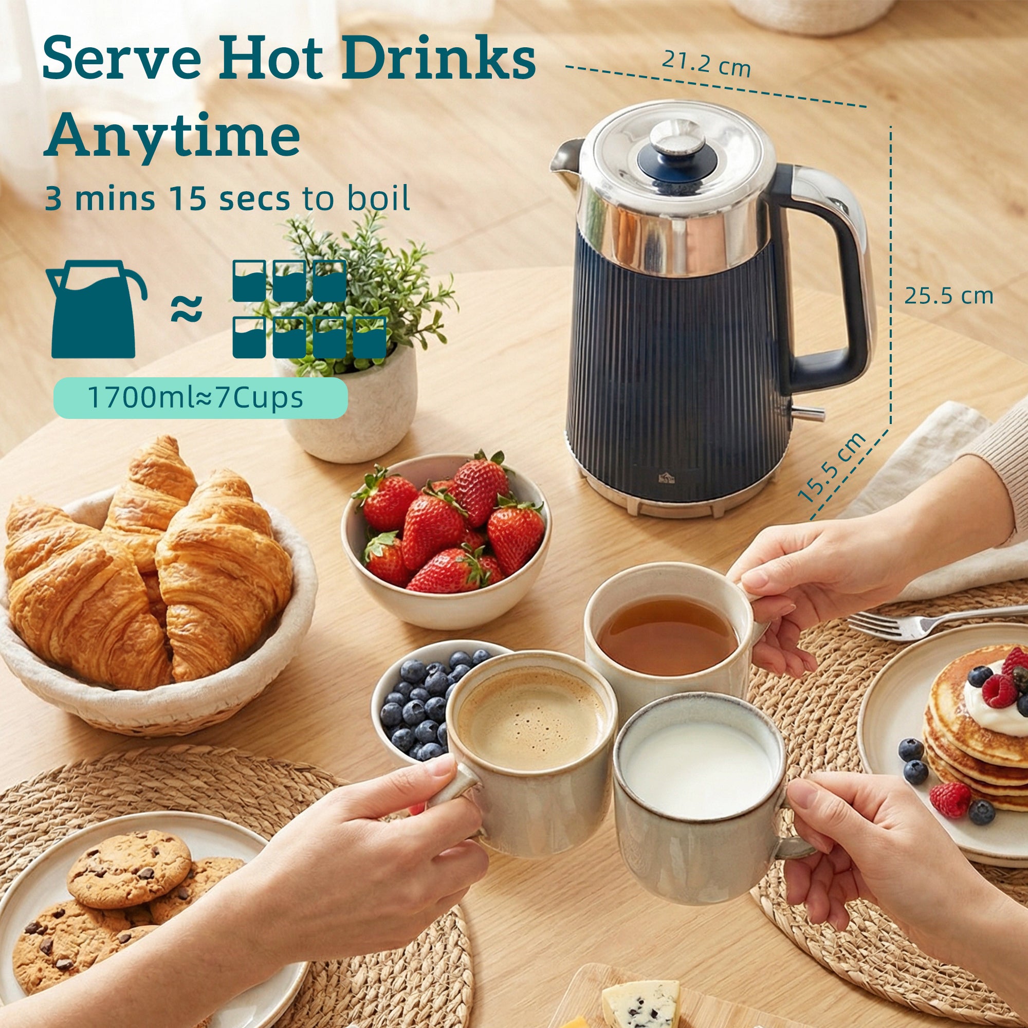 Electric Stainless Steel Kettle and Toaster Set, 3000W 1.7L UK Strix Thermostat Fast Boil Kettle w/ Limescale Filter, Cool Touch Body, 4 Slice Toaster with 7 Browning Levels, Dark Blue