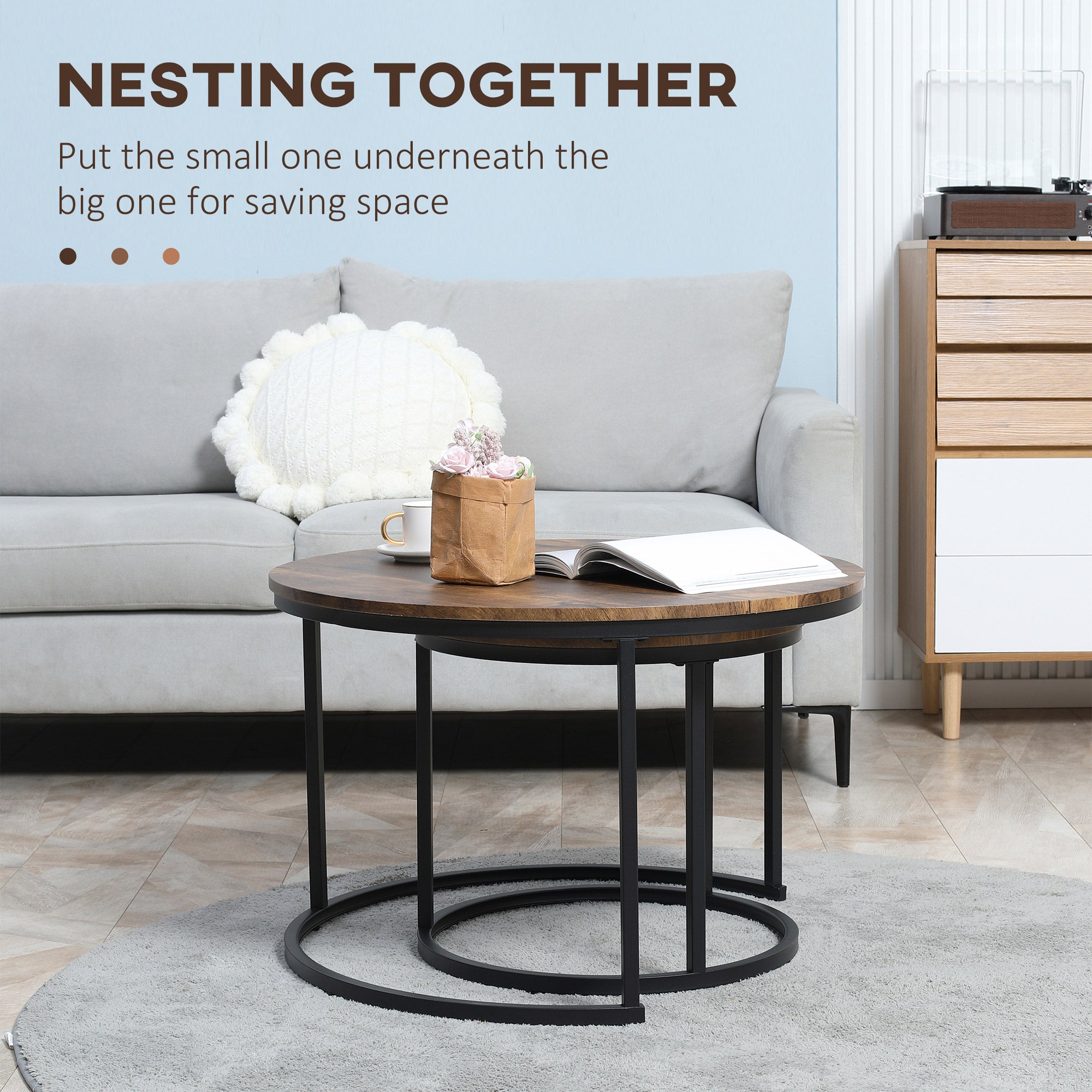 Round Nesting Tables Set of 2 Stacking Coffee Table Set with Metal Frame Rustic Brown