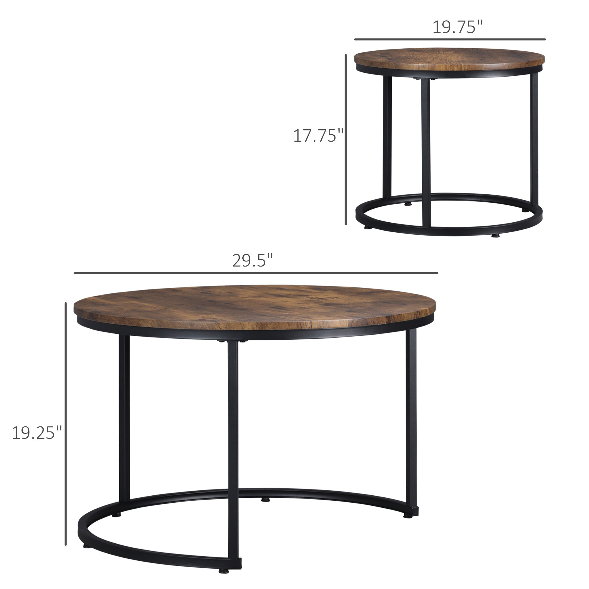 Round Nesting Tables Set of 2 Stacking Coffee Table Set with Metal Frame Rustic Brown