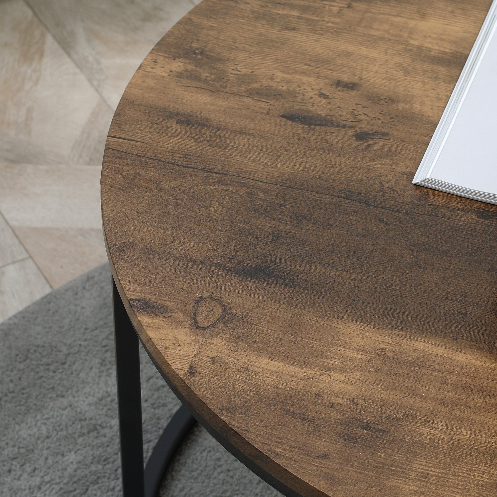 Round Nesting Tables Set of 2 Stacking Coffee Table Set with Metal Frame Rustic Brown