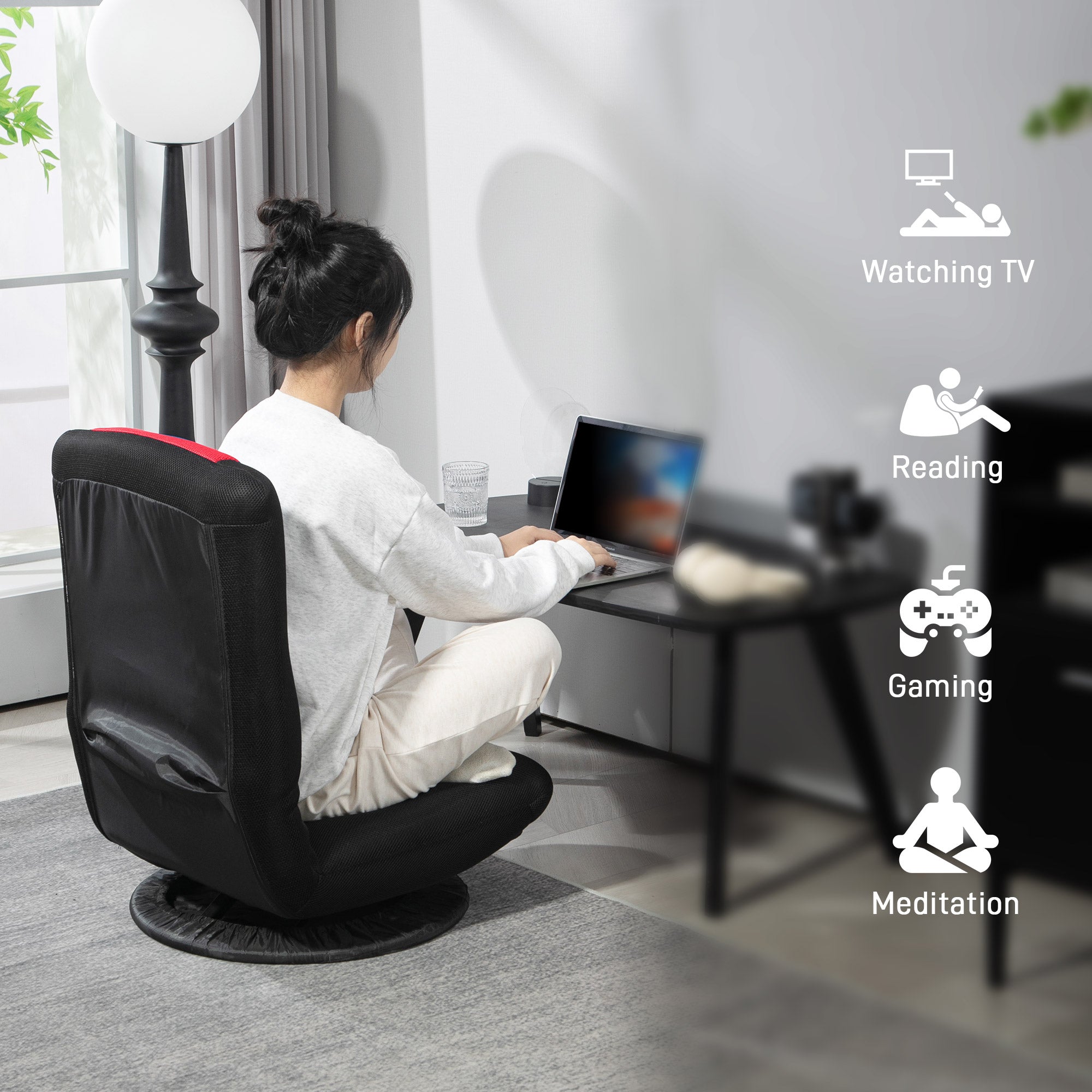 HOMCOM Folding Floor Chair for Adults Teens, 360 Degree Swivel Gaming Chair, 6 Positions Adjustable Lazy Sofa Chair with Padded Backrest for Reading, Gaming, Meditation, Red