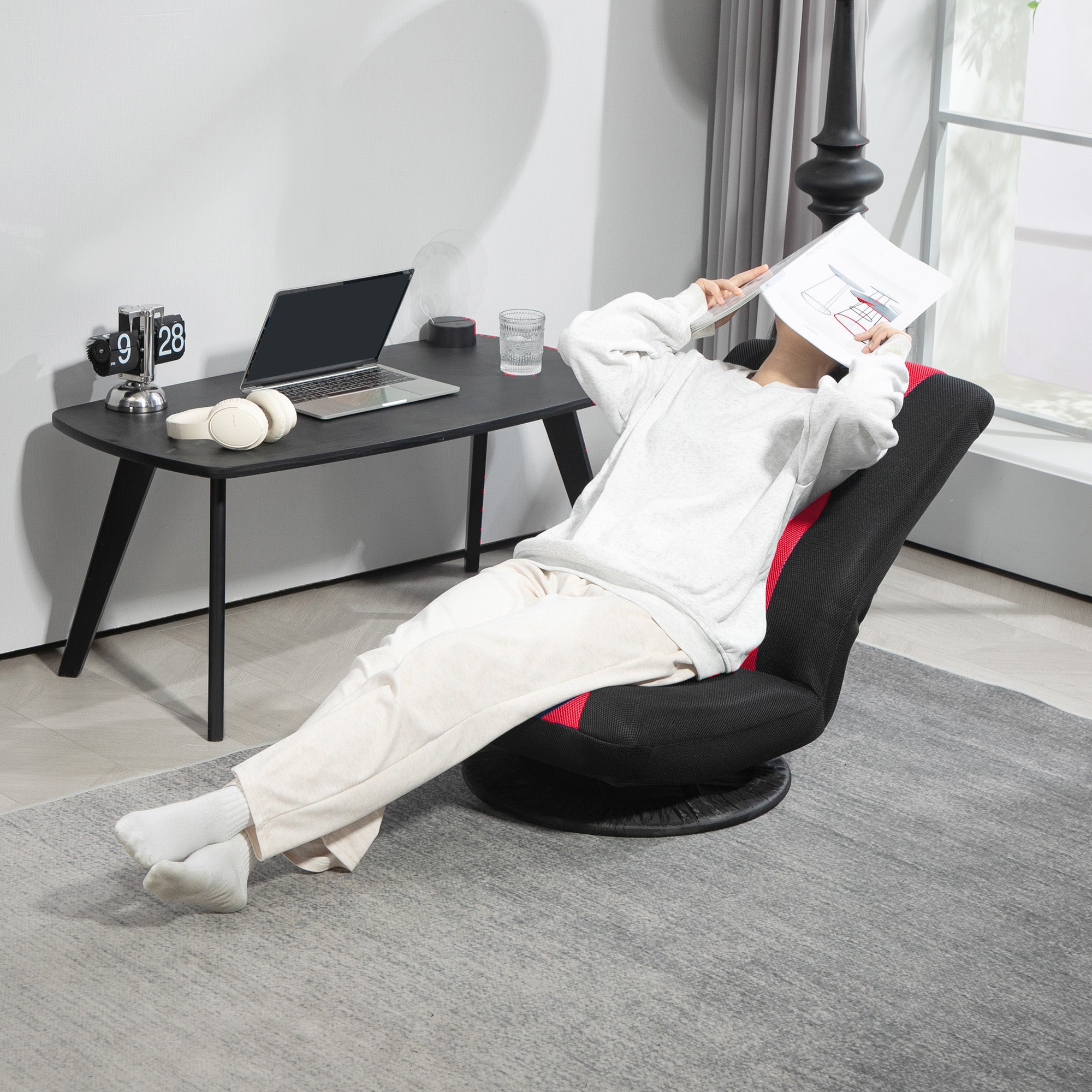 HOMCOM Folding Floor Chair for Adults Teens, 360 Degree Swivel Gaming Chair, 6 Positions Adjustable Lazy Sofa Chair with Padded Backrest for Reading, Gaming, Meditation, Red