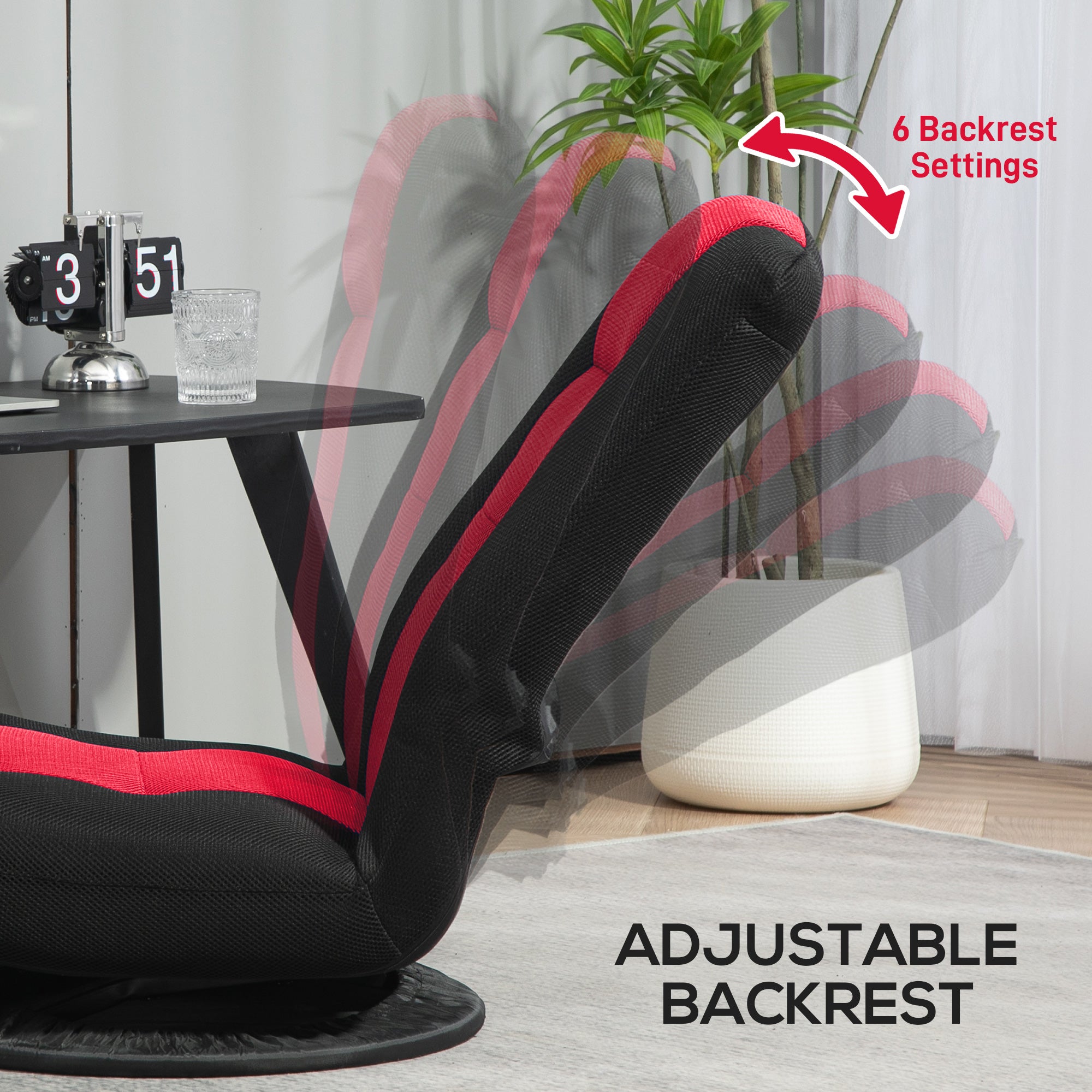 HOMCOM Folding Floor Chair for Adults Teens, 360 Degree Swivel Gaming Chair, 6 Positions Adjustable Lazy Sofa Chair with Padded Backrest for Reading, Gaming, Meditation, Red