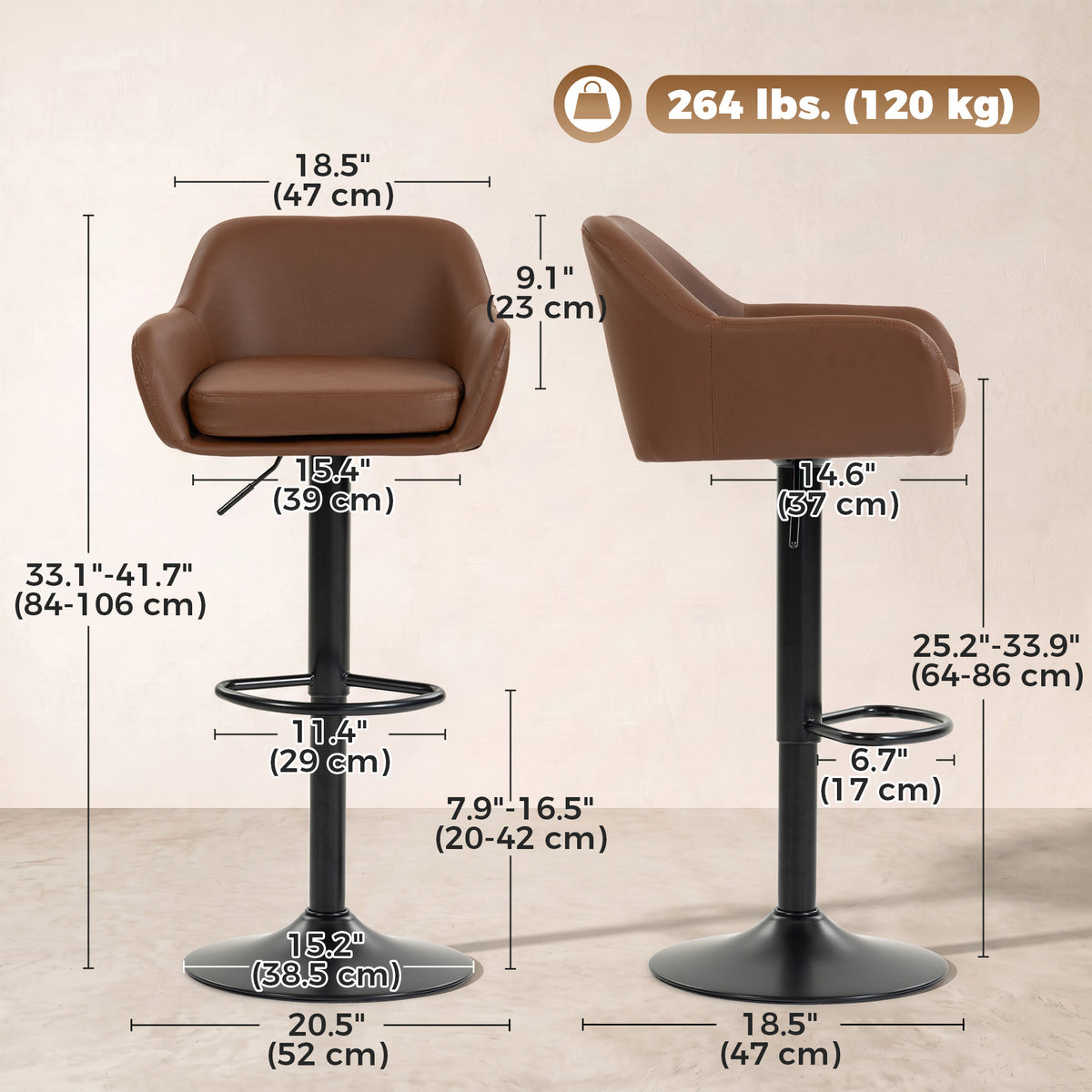 Adjustable Bar Stools Set of 2, Modern Swivel Counter Height Barstools with Back, Footrest, PU Leather Upholstered Bar Chairs for Kitchen Island Counter Dining Room, Brown