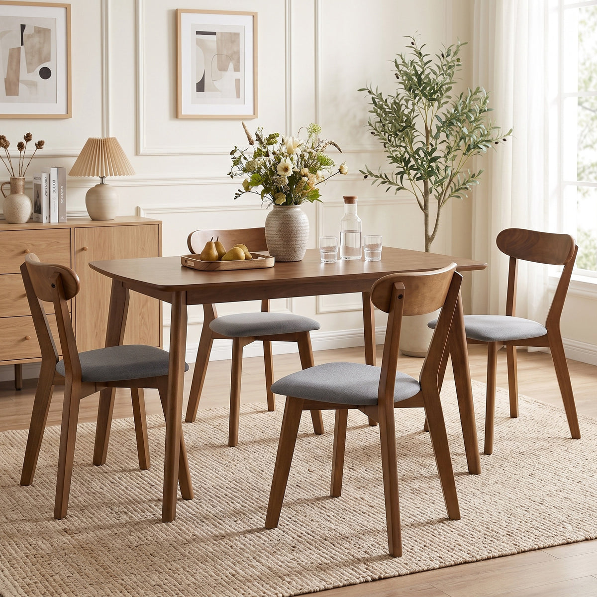Dining Chairs Set of 4, Mid-Century Modern Upholstered Kitchen Chairs with Rubberwood Legs, Curved Backrest, Cushioned Seat for Dining Room, Living Room, Grey and Brown