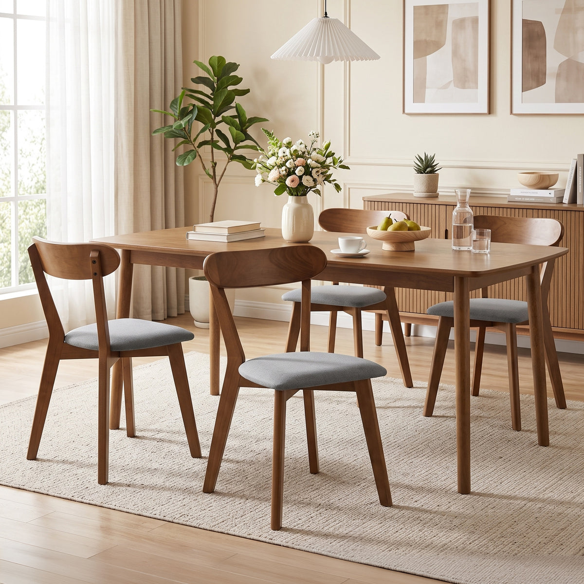 Dining Chairs Set of 4, Mid-Century Modern Upholstered Kitchen Chairs with Rubberwood Legs, Curved Backrest, Cushioned Seat for Dining Room, Living Room, Grey and Brown