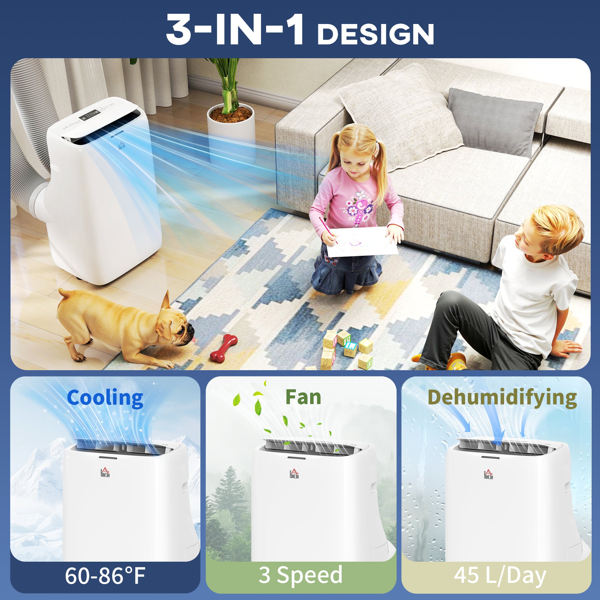 HOMCOM Inverter Portable Air Conditioner, 3-in-1 14000 BTU Dual Hose AC Unit with Cool, Dehumidifier, Fan, for Room up to 700 Sq. ft, 24H Timer On Off, 3 Speeds, Sleep Mode, Remote, Window Kit