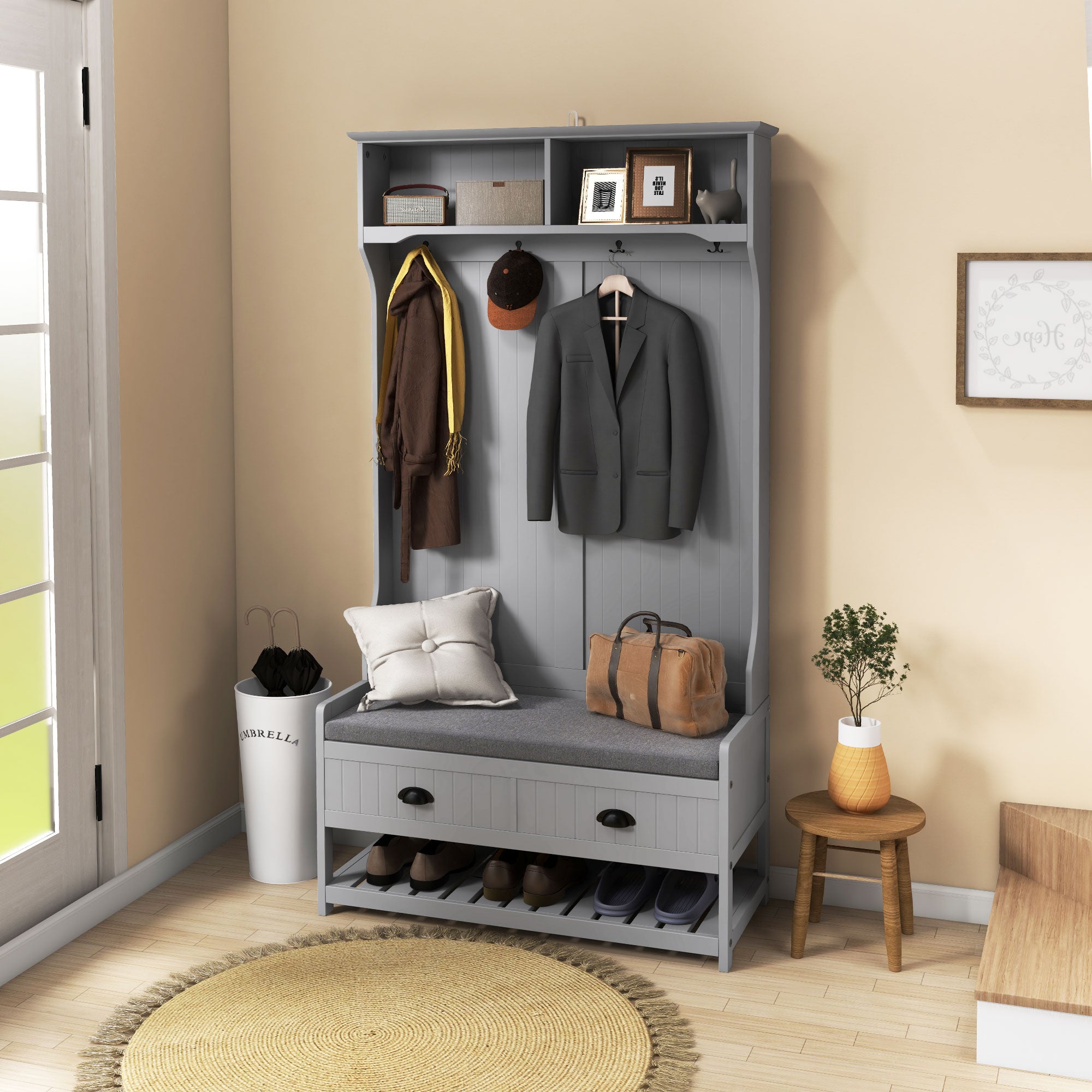 3-in-1 Hall Tree, Entryway Bench w/ Coat Rack, 2 Drawers, 4 Hooks & Padded Seat, Gray