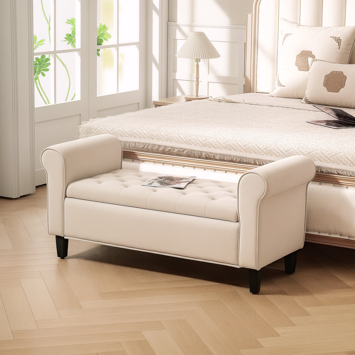 50" Storage Ottoman, Upholstered Bedroom Bench with Rolled Arms, Wood Legs, Button Tufted Storage Bench Seat with Safety Hinges for Entryway, Bedroom, Beige