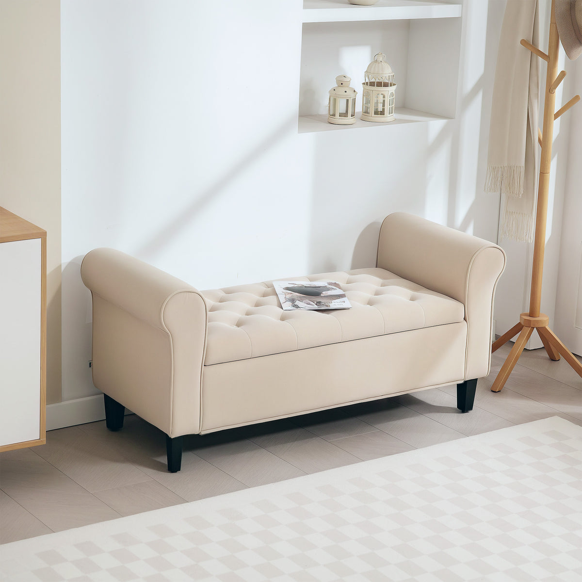 50" Storage Ottoman, Upholstered Bedroom Bench with Rolled Arms, Wood Legs, Button Tufted Storage Bench Seat with Safety Hinges for Entryway, Bedroom, Beige