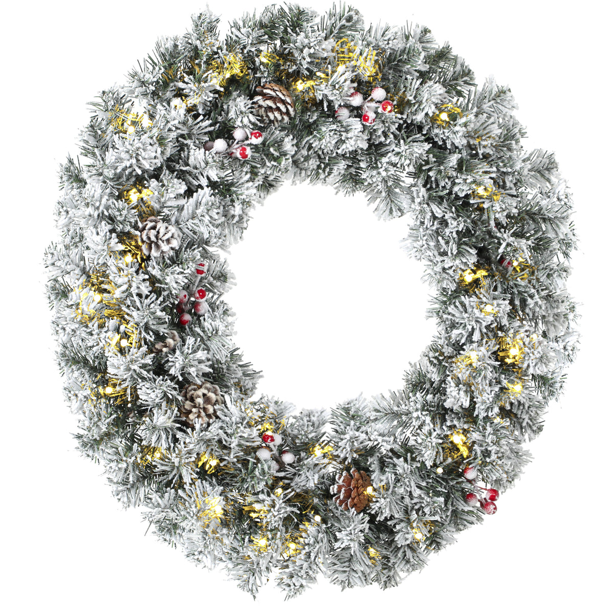 24 Inch Pre-Lit Christmas Wreath for Front Door with LED Lights, Pine Cones and Berries, Flocked Winter Wreath for Windows, Wall Decoration, Green