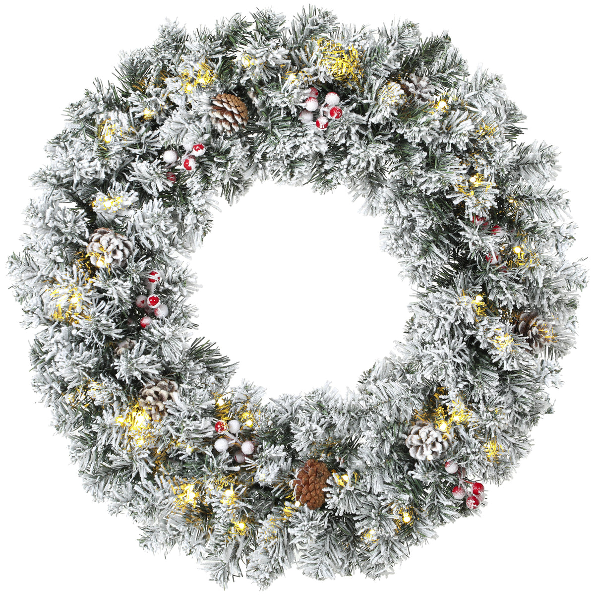 24 Inch Pre-Lit Christmas Wreath for Front Door with LED Lights, Pine Cones and Berries, Flocked Winter Wreath for Windows, Wall Decoration, Green