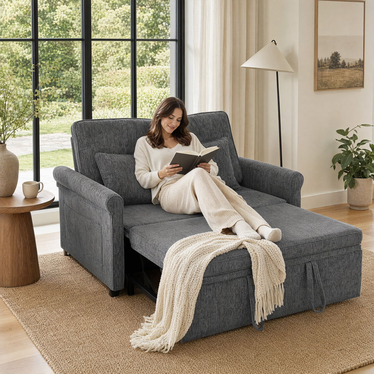 2 Seater Sofa Bed, 3-in-1 Convertible Pull Out Double Sleeper Sofa 190 x 130 cm, 5-Position Adjustable Backrest, Chenille Loveseat Bed Settee for Living Room, Bedroom, Guest Room, Grey