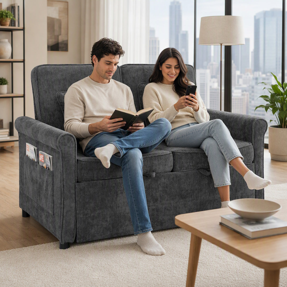2 Seater Sofa Bed, 3-in-1 Convertible Pull Out Double Sleeper Sofa 190 x 130 cm, 5-Position Adjustable Backrest, Chenille Loveseat Bed Settee for Living Room, Bedroom, Guest Room, Grey
