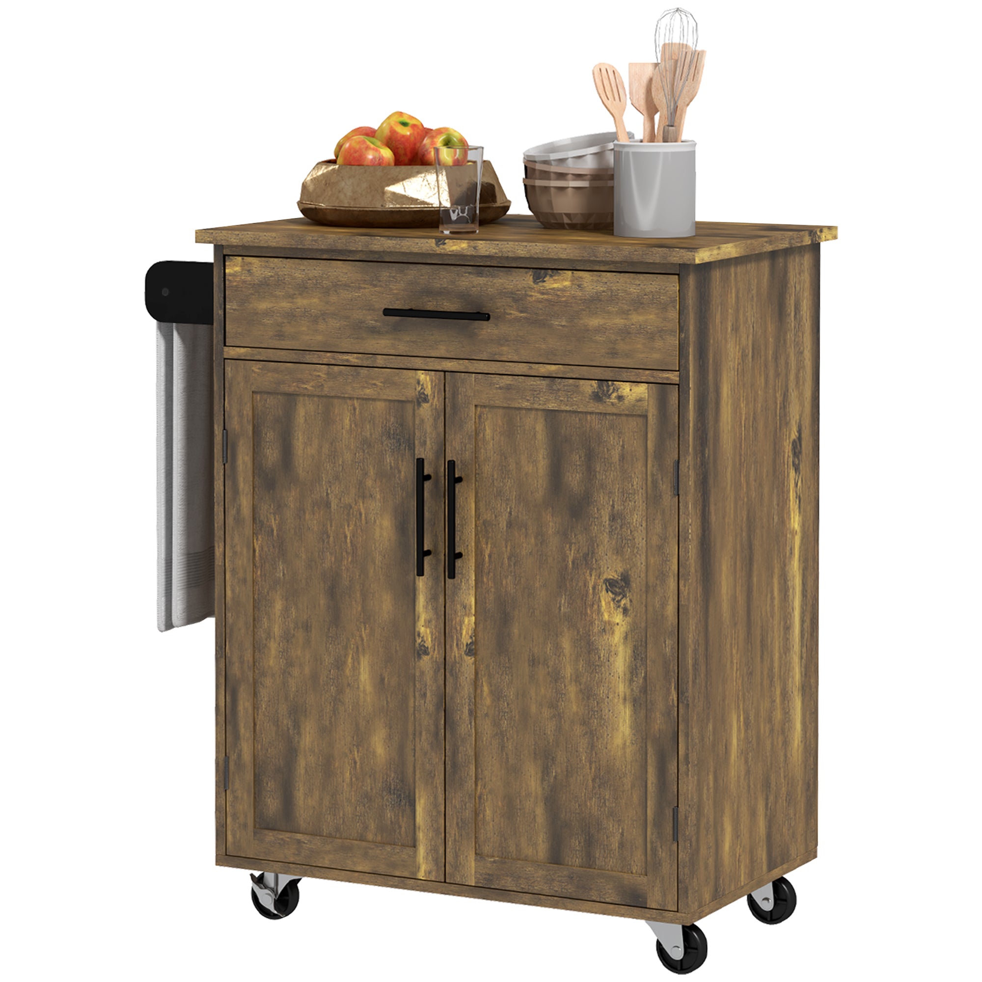 Wooden Indoor Moving Microwave Cart with Interior Cabinet & Towel Rack