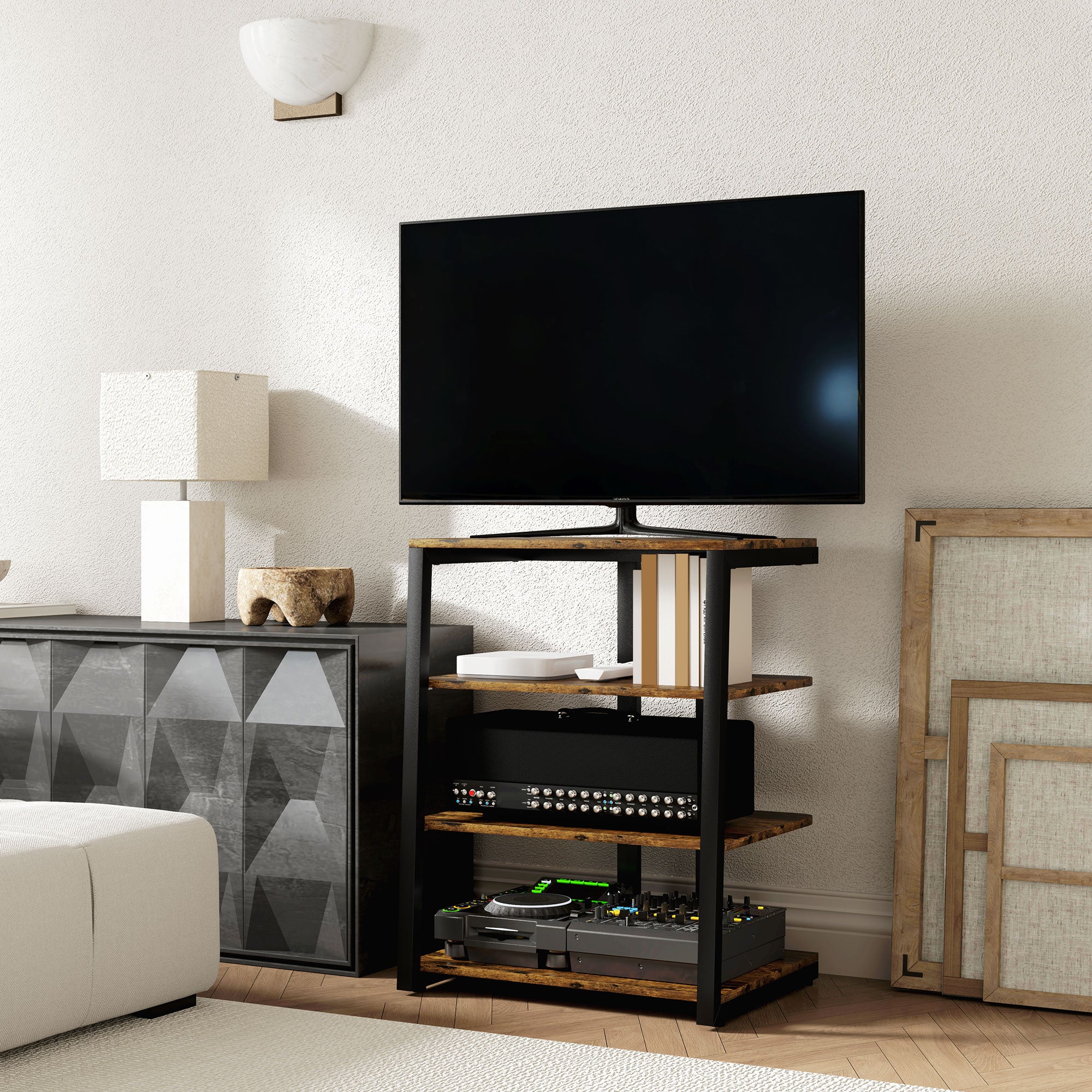 TV Stand Cabinet for 28" TVs w/ Adjustable Shelves & Extension Lead Holder, Rustic Brown