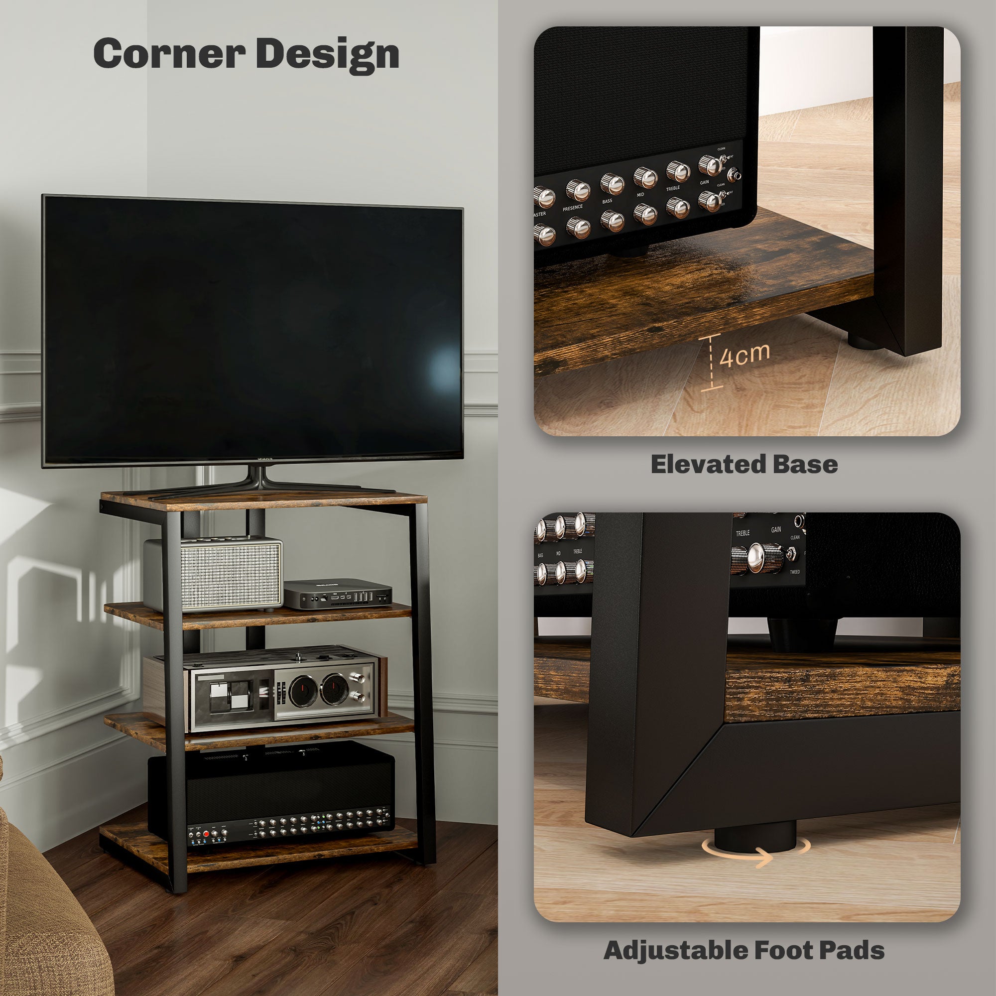 TV Stand Cabinet for 28" TVs w/ Adjustable Shelves & Extension Lead Holder, Rustic Brown