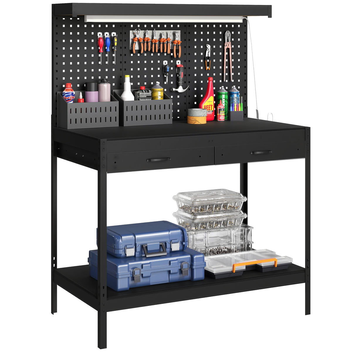 Workbench with Pegboard, Heavy Duty Work Table with Power Strip and LED Light, 43" x 24" Workstation with 2 Drawers and Shelf, 600 lbs. Capacity for Garage Workshop, Black