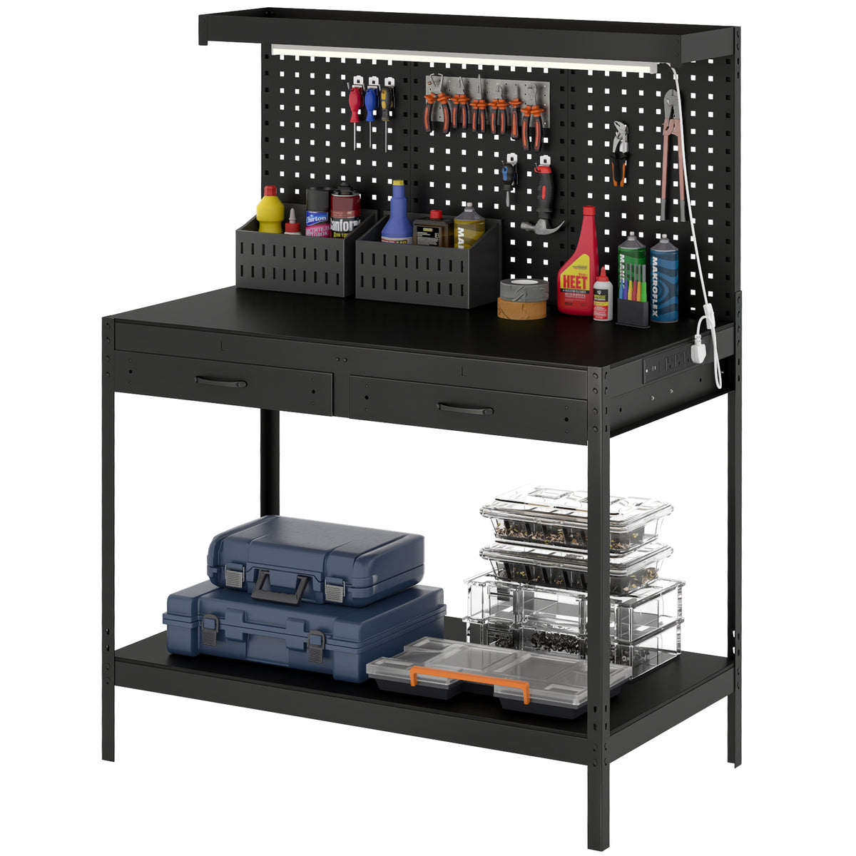 Workbench with Pegboard, Heavy Duty Work Table with Power Strip and LED Light, 43" x 24" Workstation with 2 Drawers and Shelf, 600 lbs. Capacity for Garage Workshop, Black