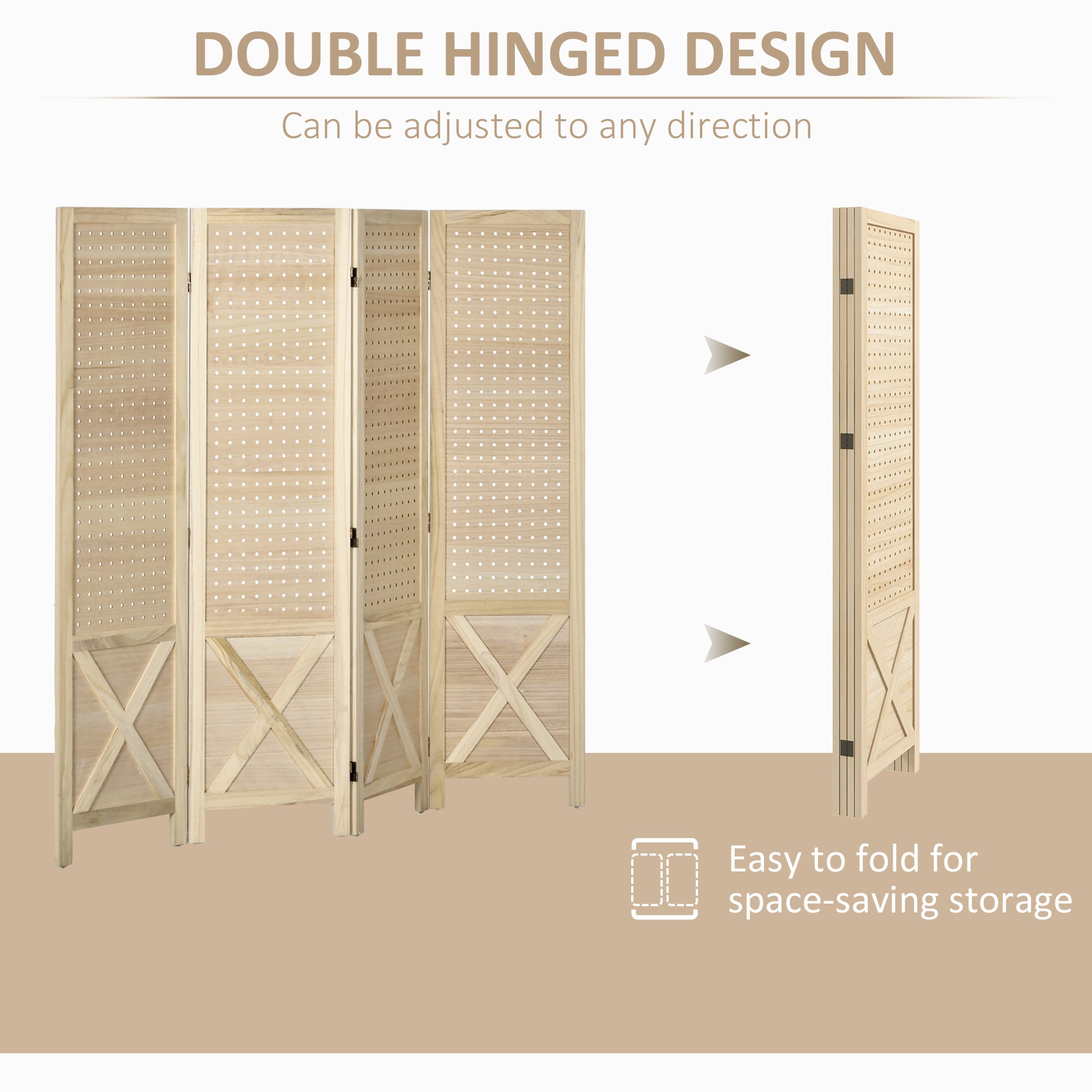 4 Panel Pegboard Display Room Divider, 4.7' Tall Wood Privacy Screen, Natural